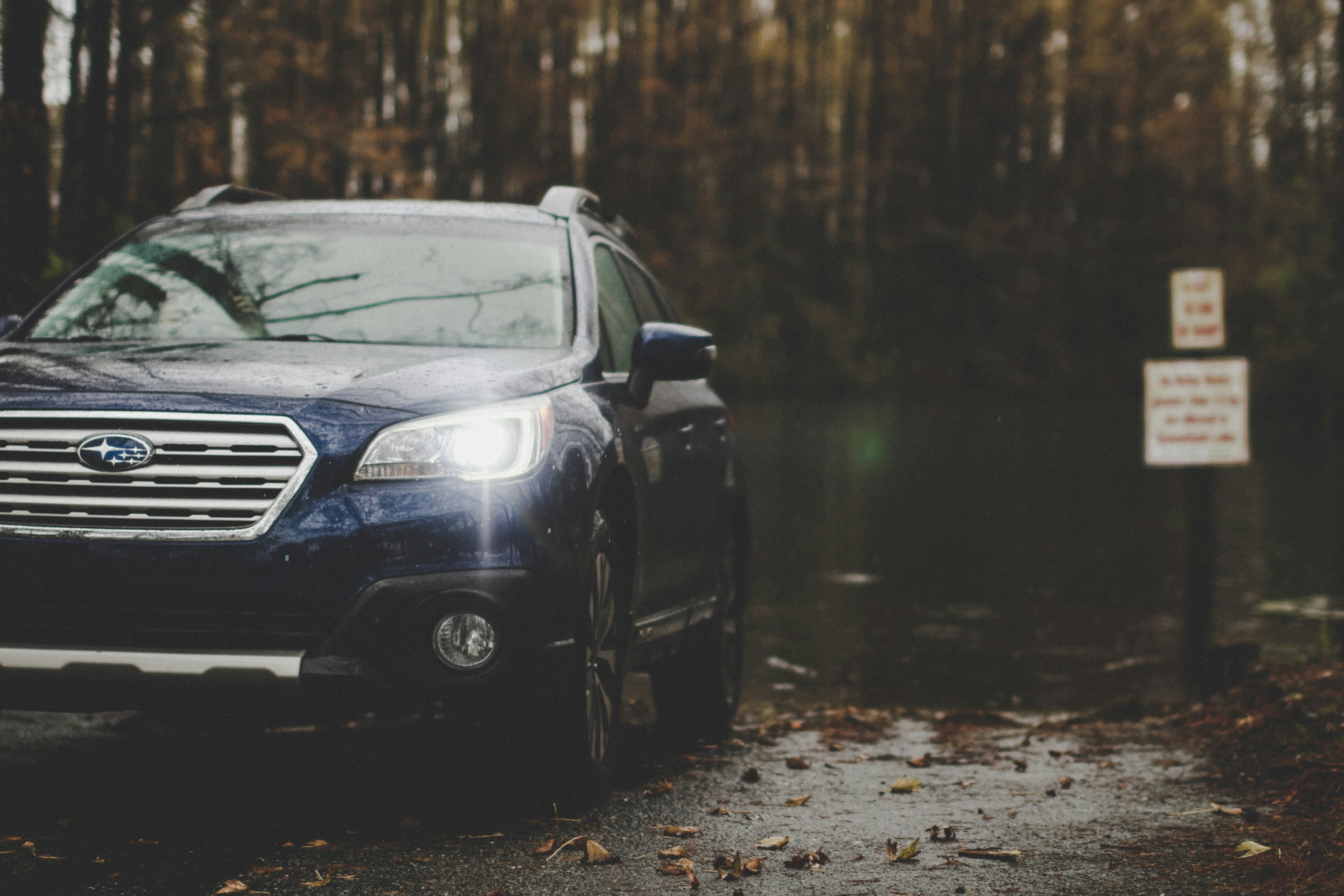 Blue Subaru Parked by Forest Waterside
