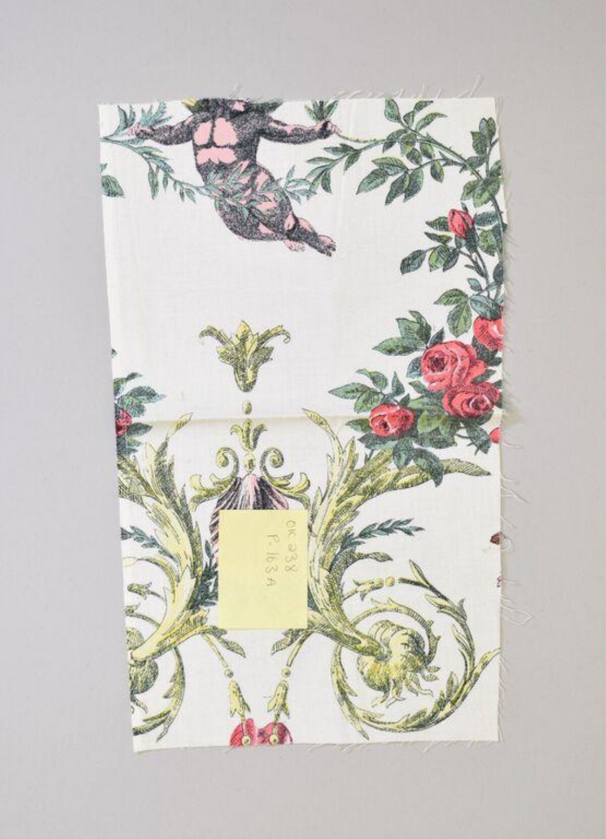 Vintage Printed Fabric Sample With Cherub And Roses