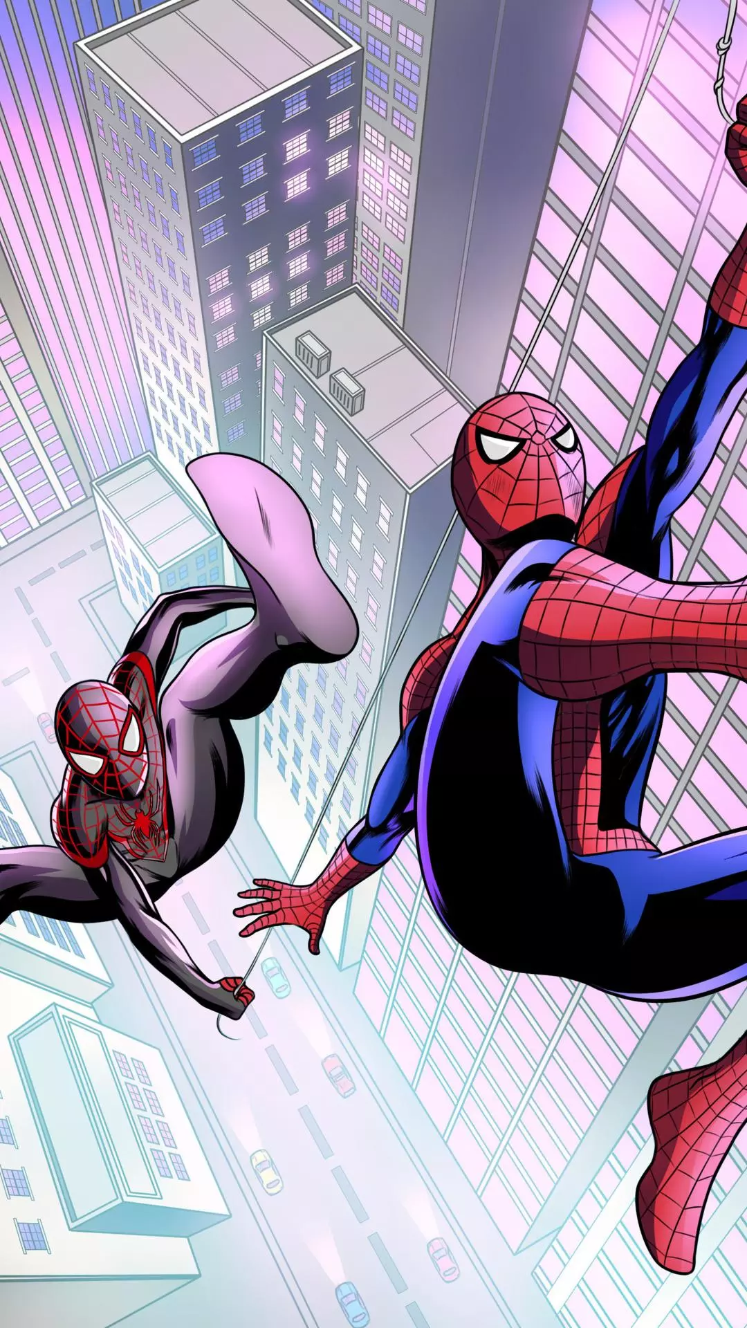 Two Spider-Men Swinging Over the City