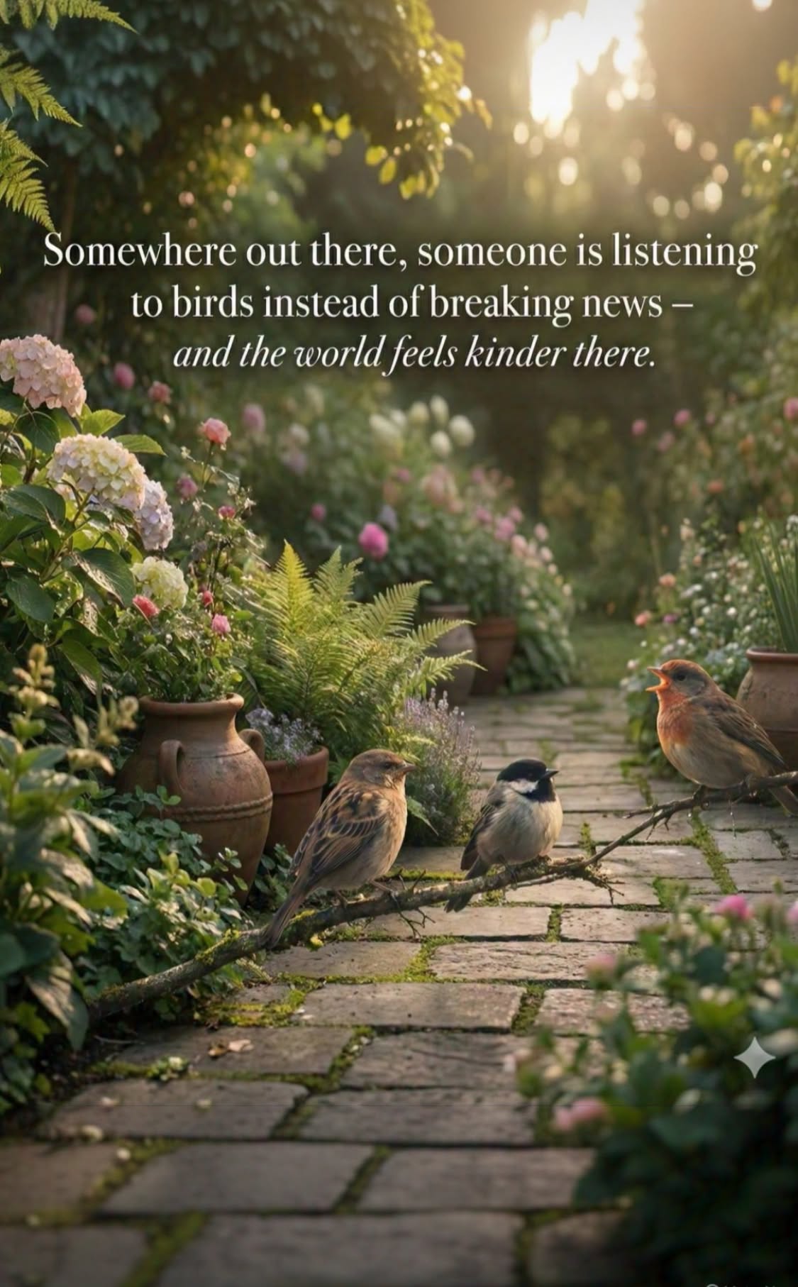 Calm Garden Path With Perched Birds