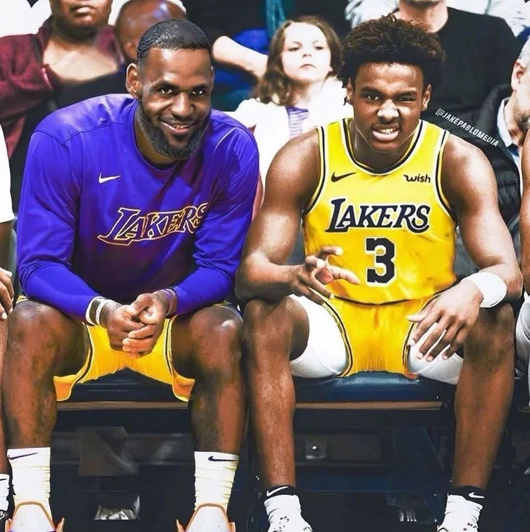 LeBron and Bronny James in Lakers uniforms