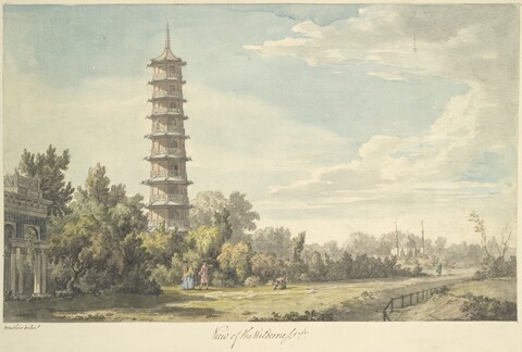 Watercolor Park Landscape with Pagoda
