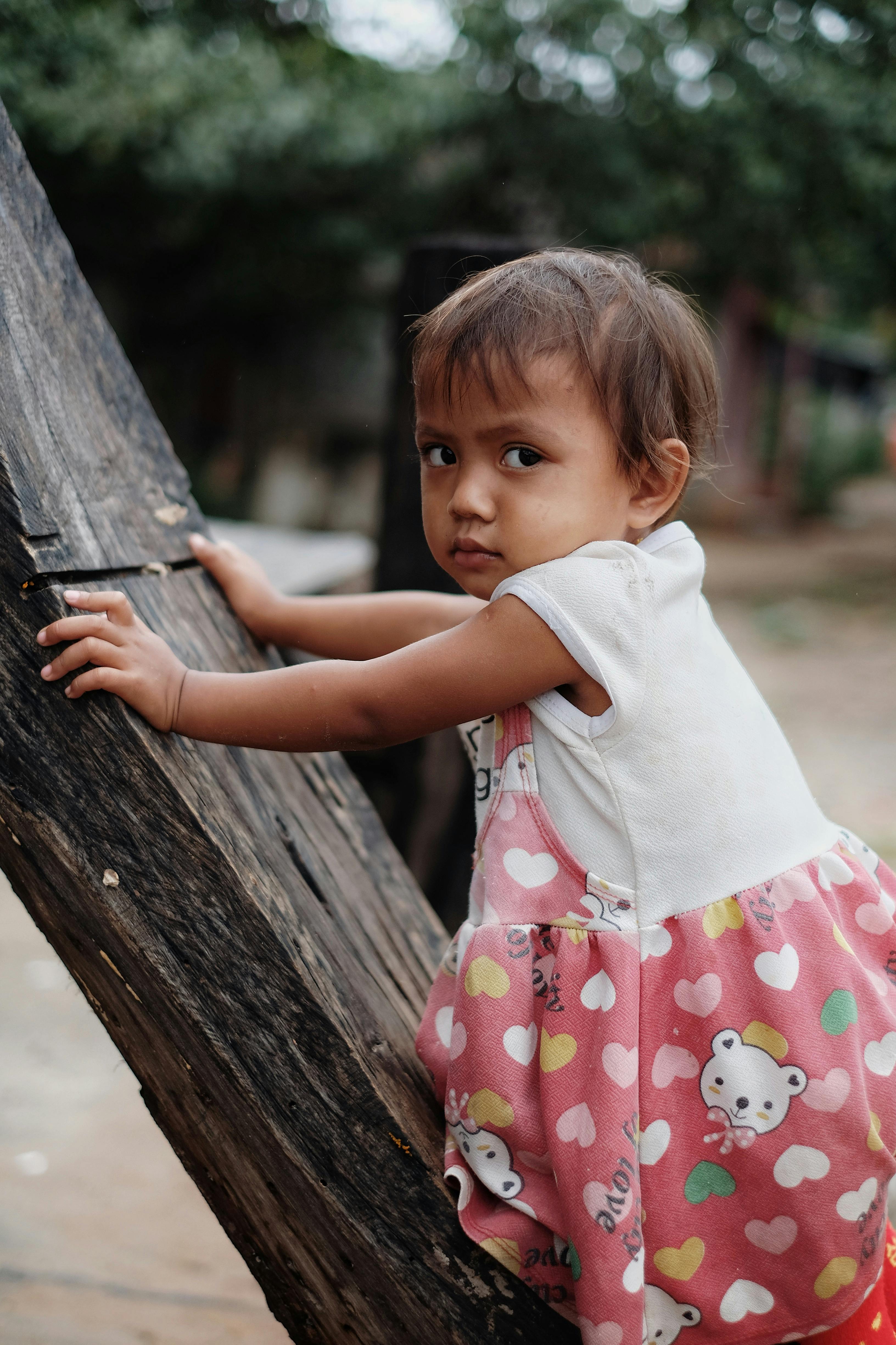 Toddler Girl Holding Old Wooden Plank