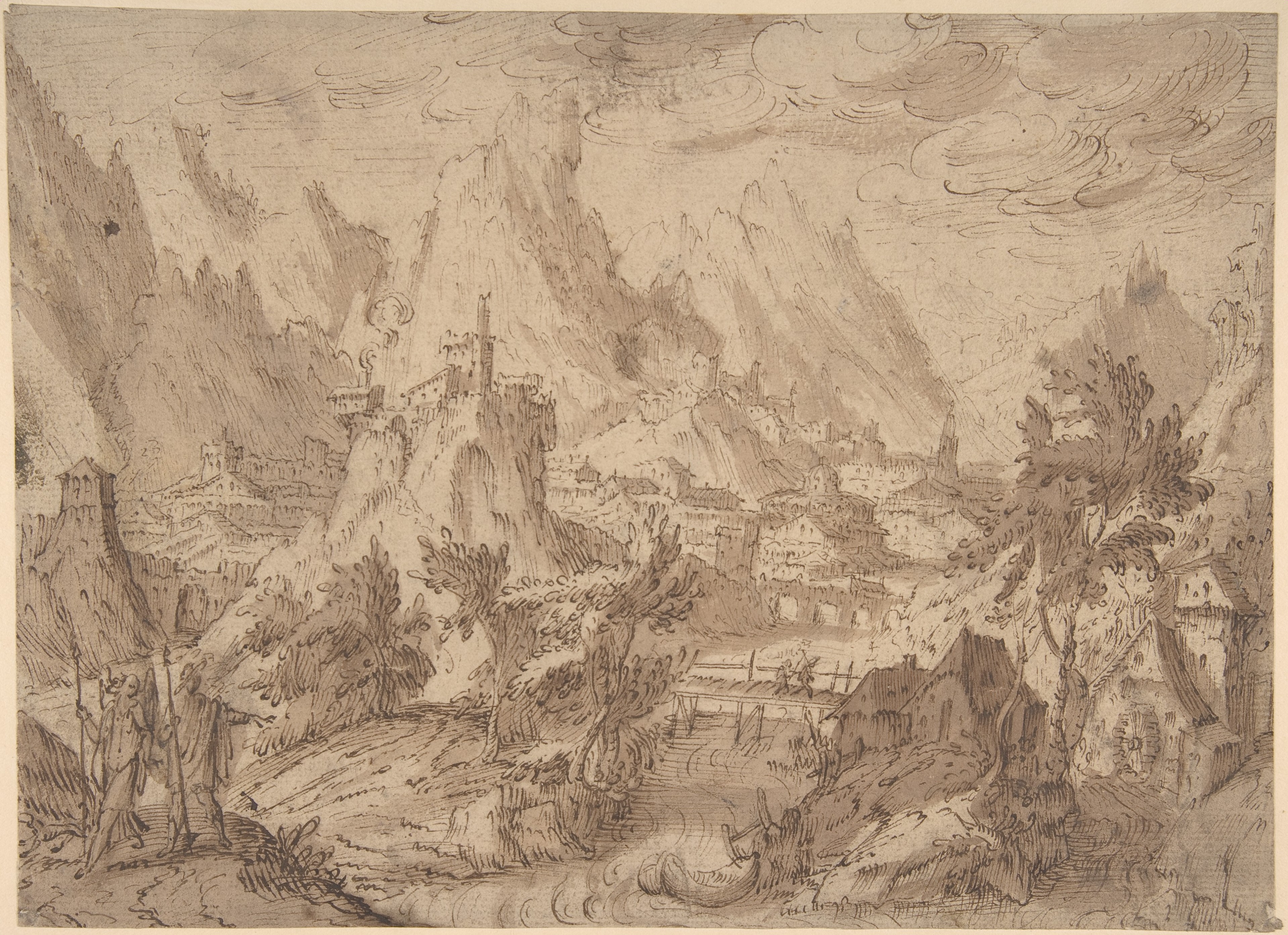 Mountain Valley Town Ink Sketch