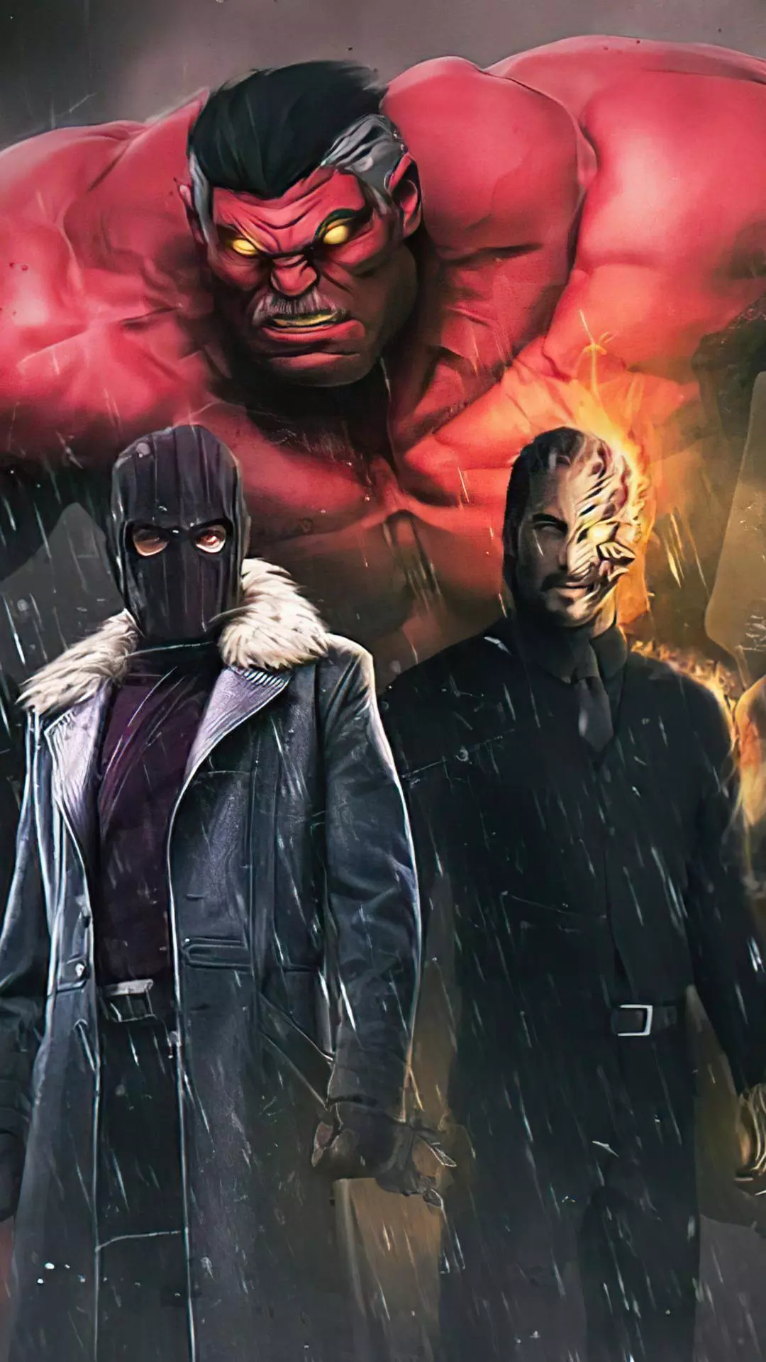 Red Hulk and Two Supervillains in Rain