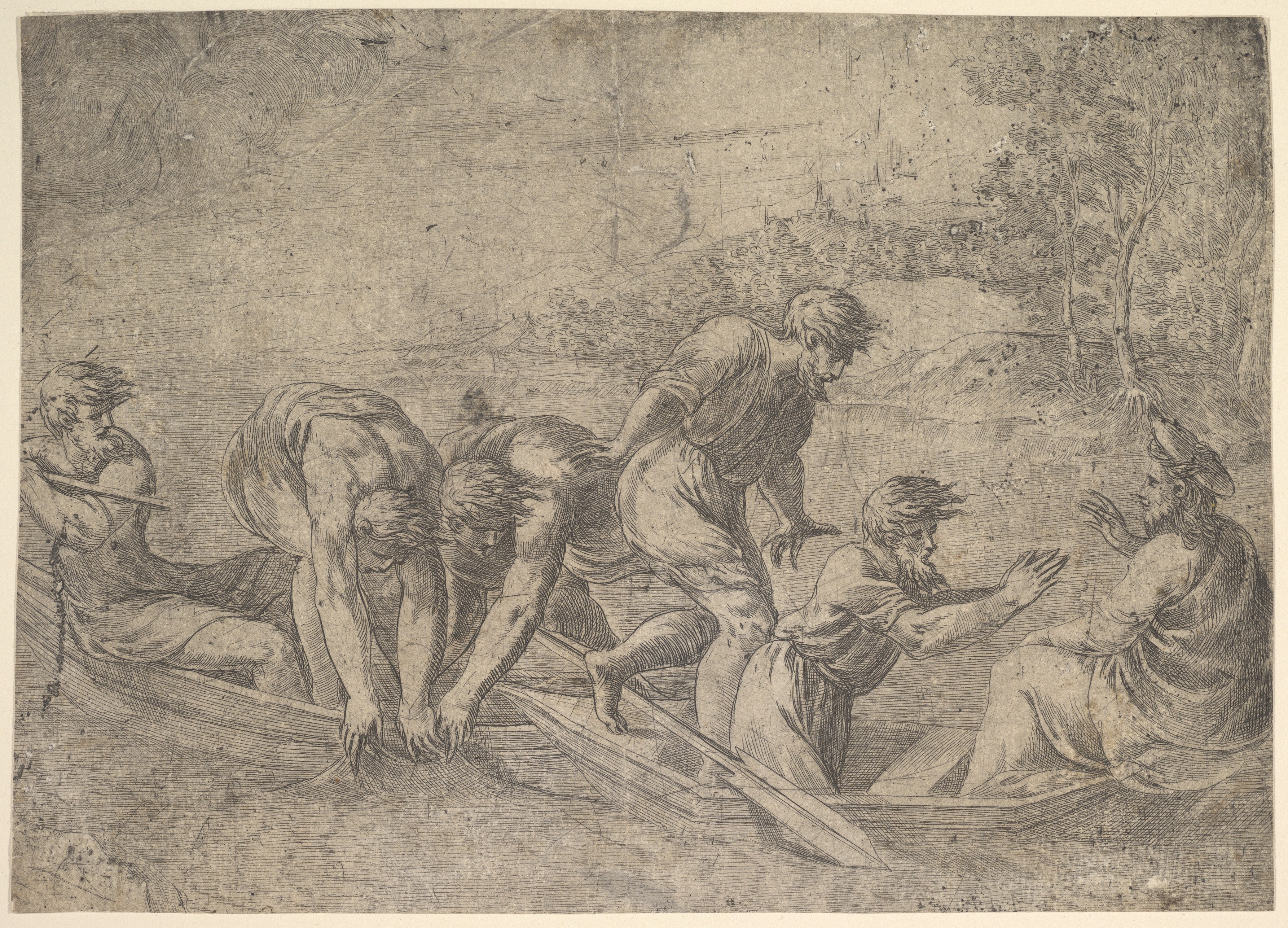 Men Dragging Net in Fishing Boat