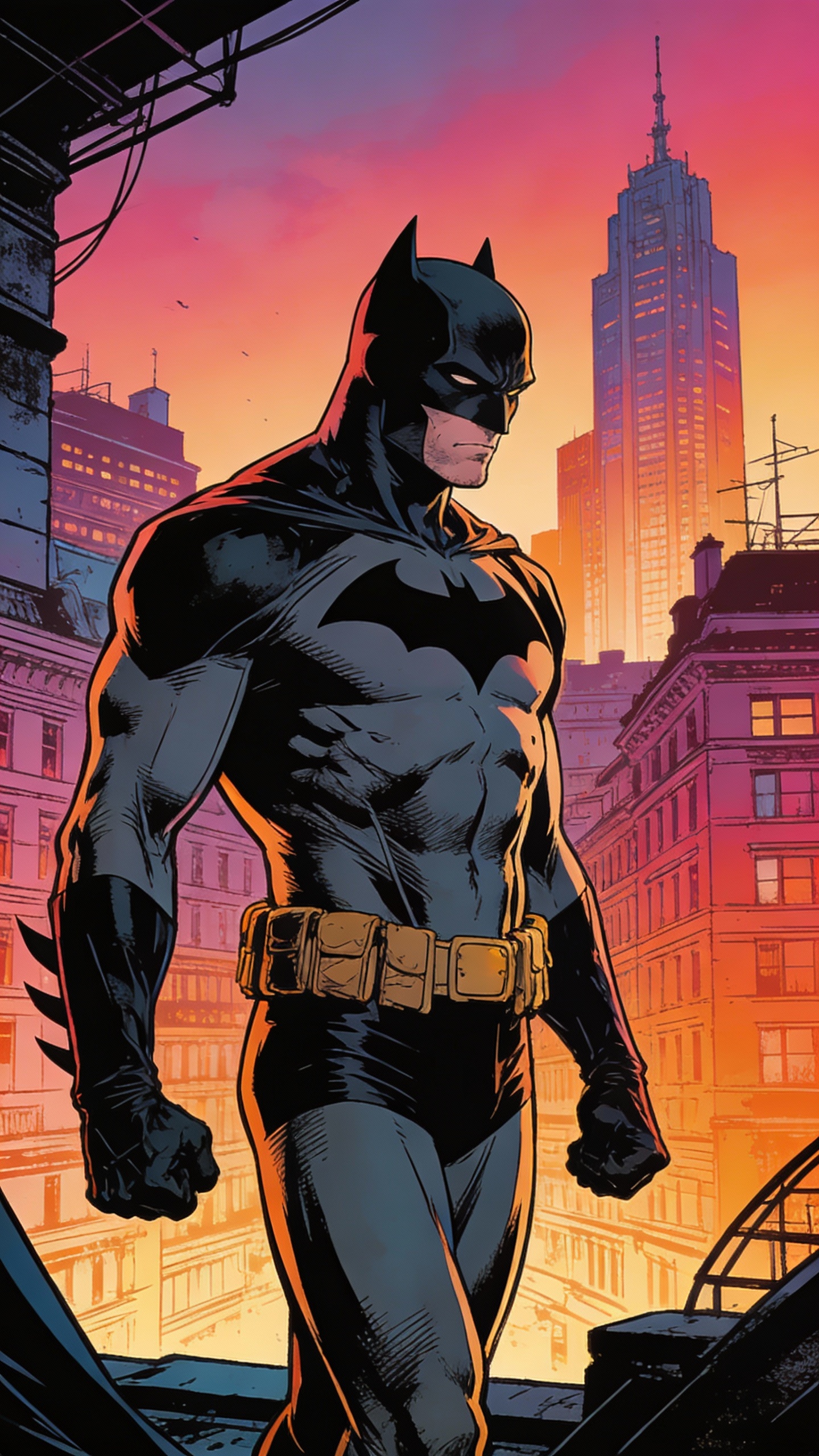 Batman on Gotham Rooftop at Sunset