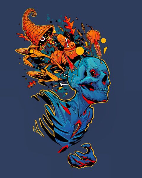 Autumn Halloween Blue Skeleton Illustration