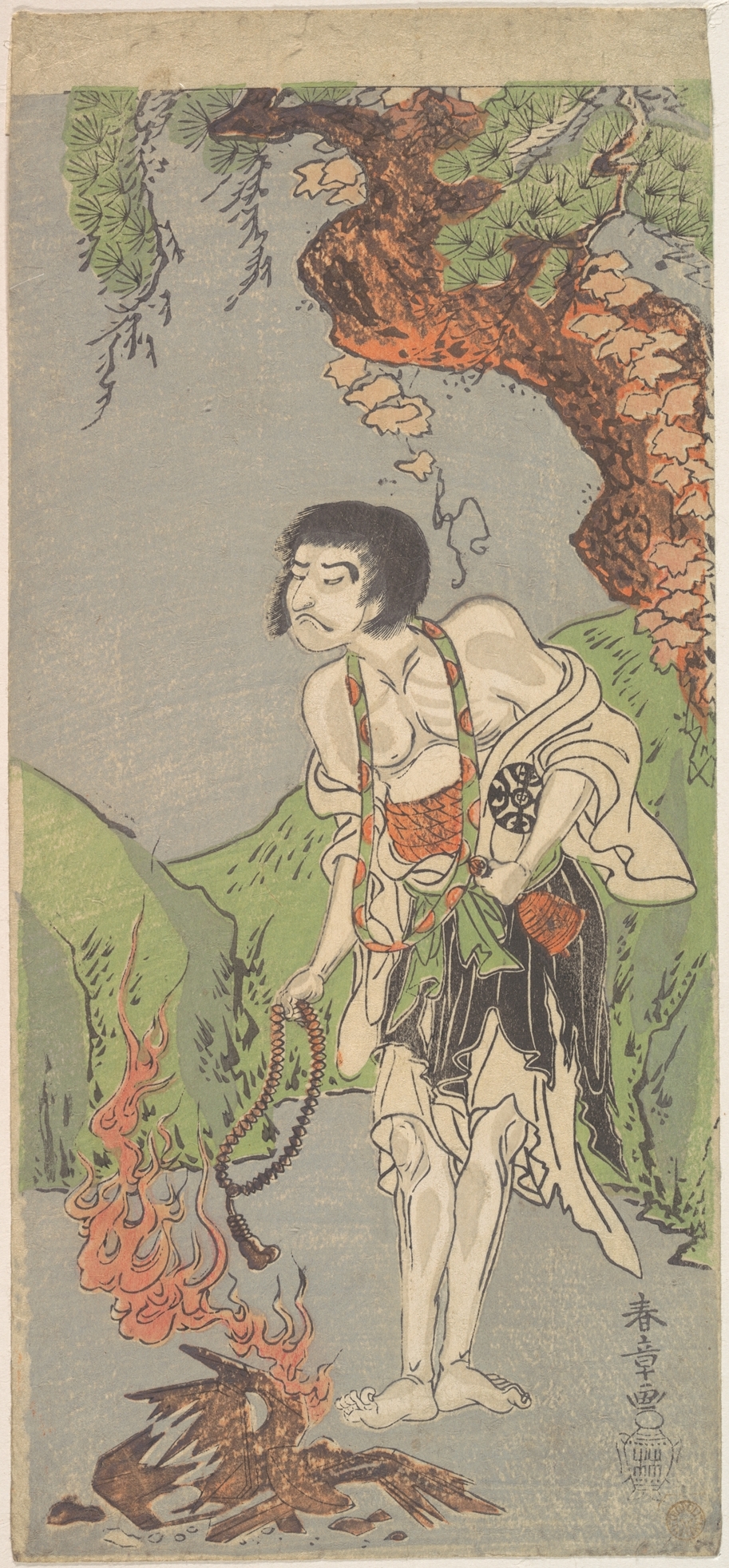 Japanese Ukiyo-e Monk by Fire