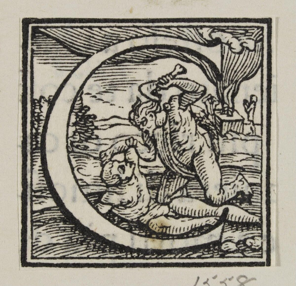 Woodcut Initial C with Cain Killing Abel