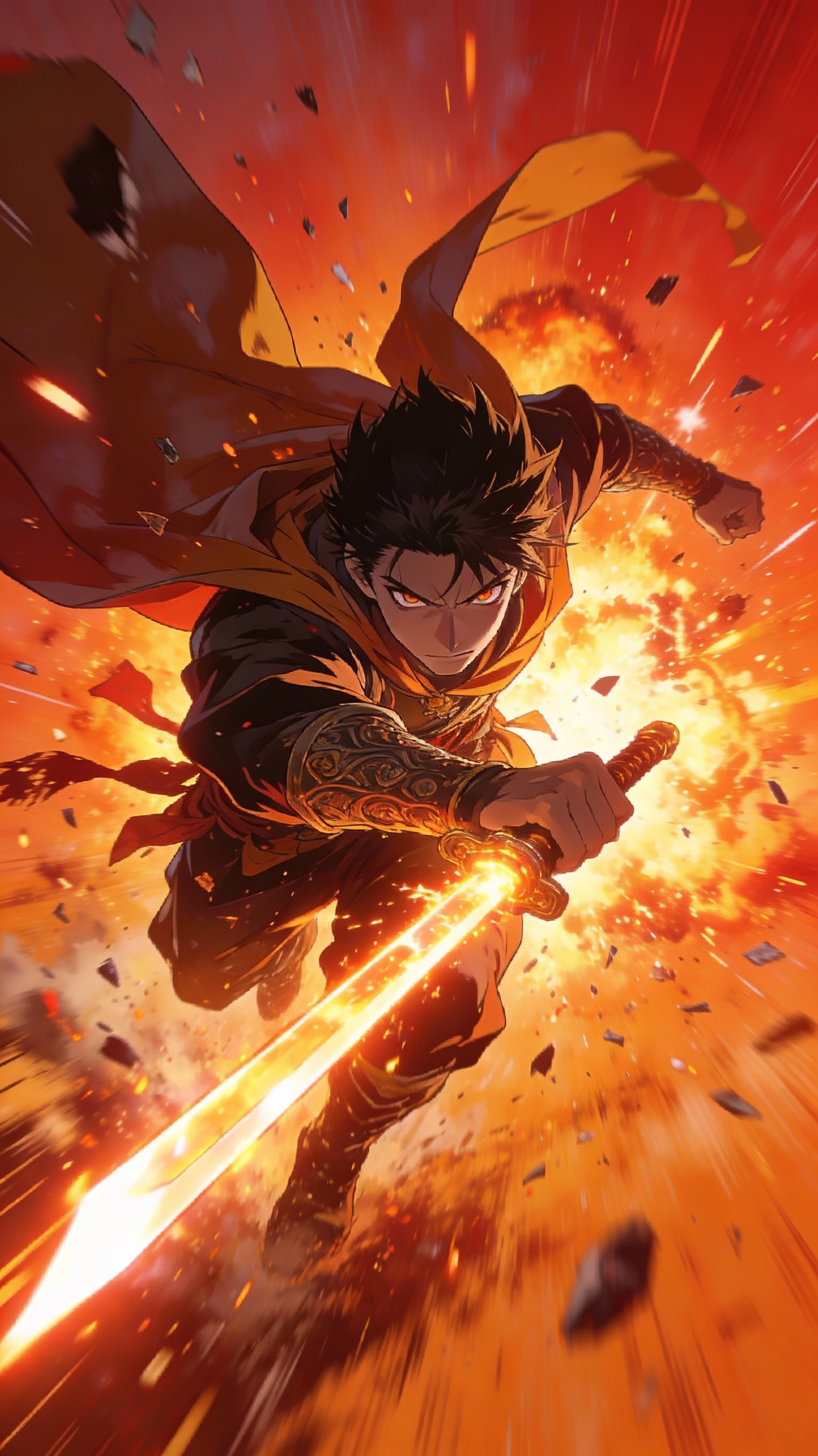Anime Swordsman Charging Through Explosion