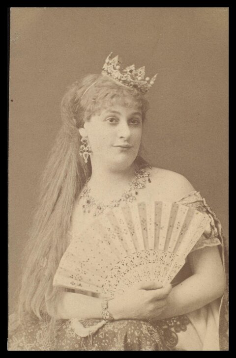 Vintage Portrait of Crowned Woman Holding Fan