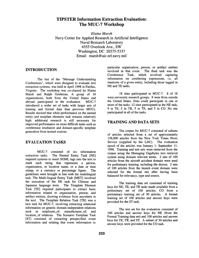 TIPSTER Information Extraction Evaluation: The MUC-7 Workshop