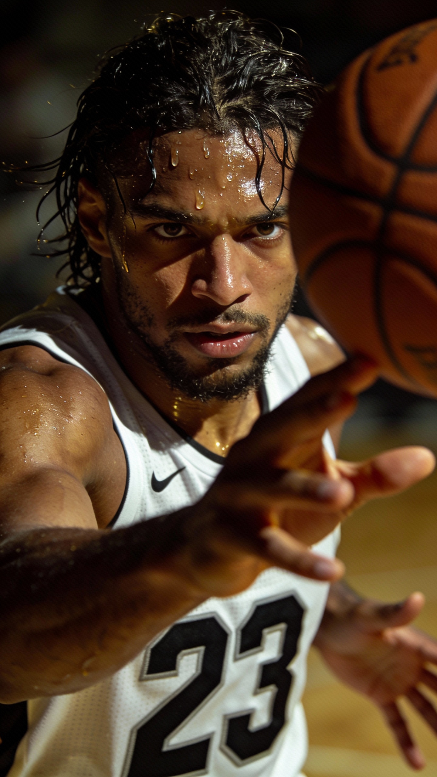 Sweaty Basketball Player Reaching for Ball