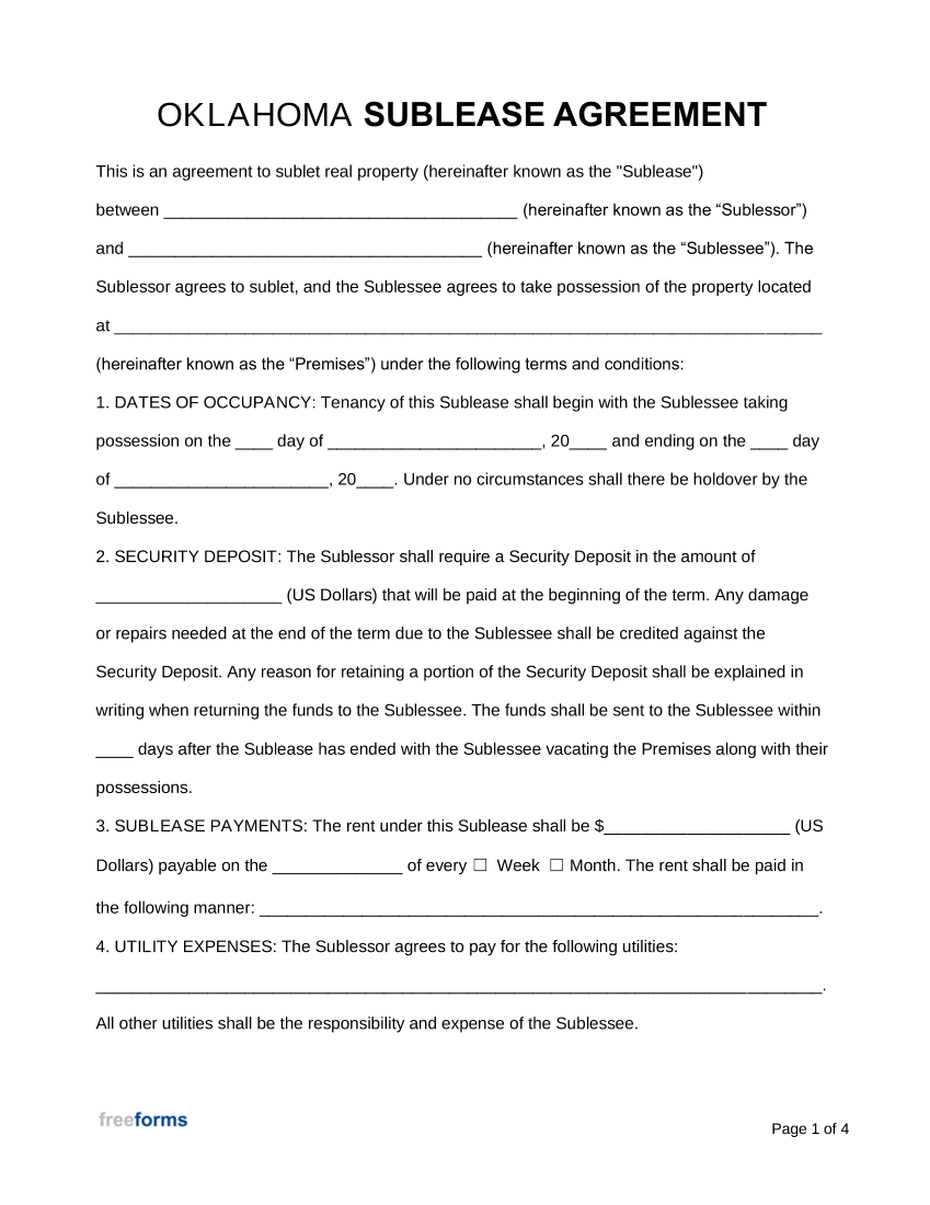 Oklahoma Sublease Agreement Template