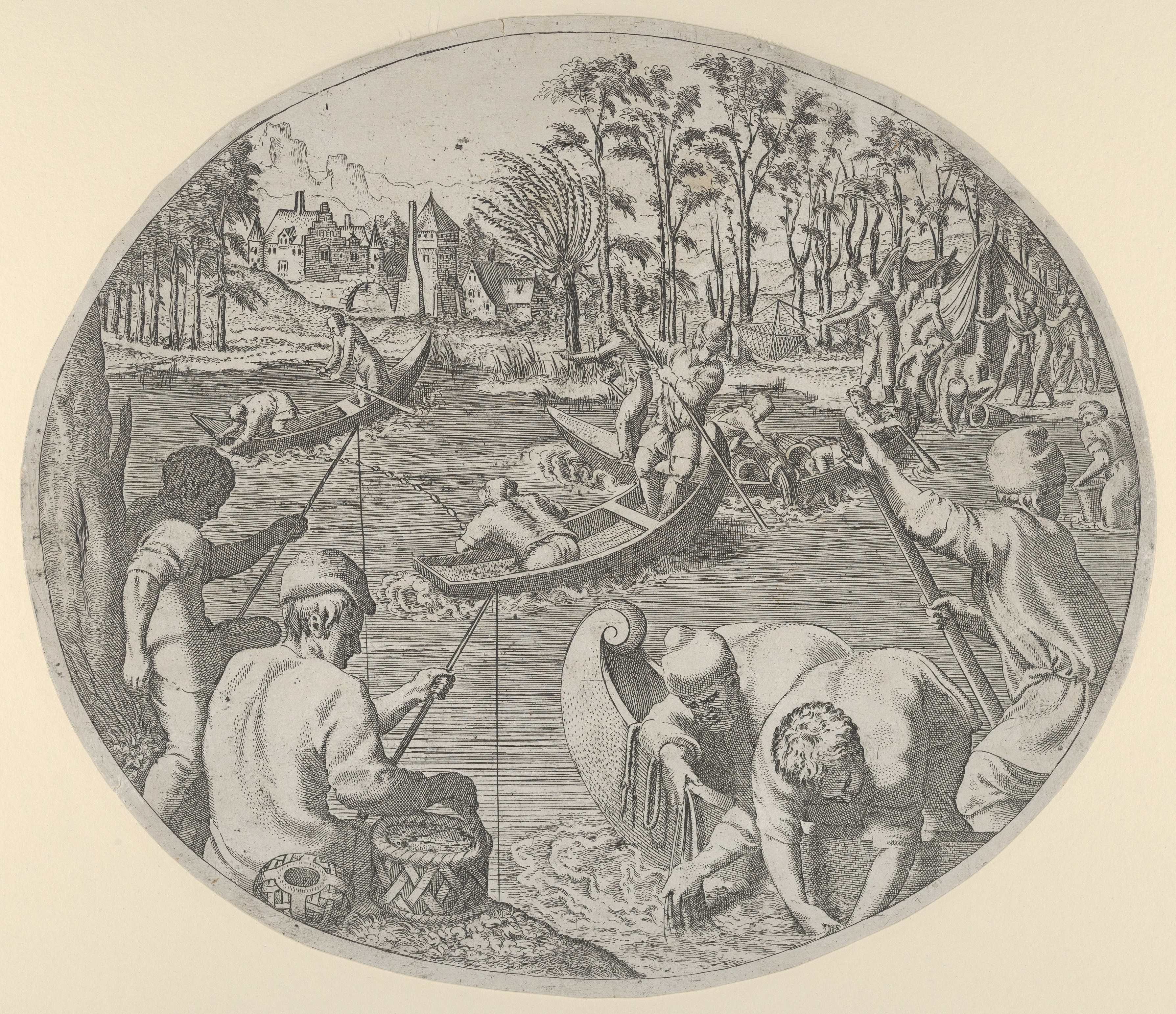 Engraving of River Fishing