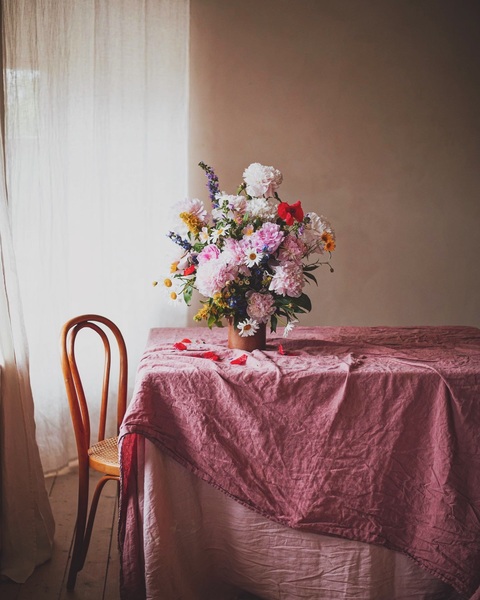 Mixed Flower Bouquet on Draped Table