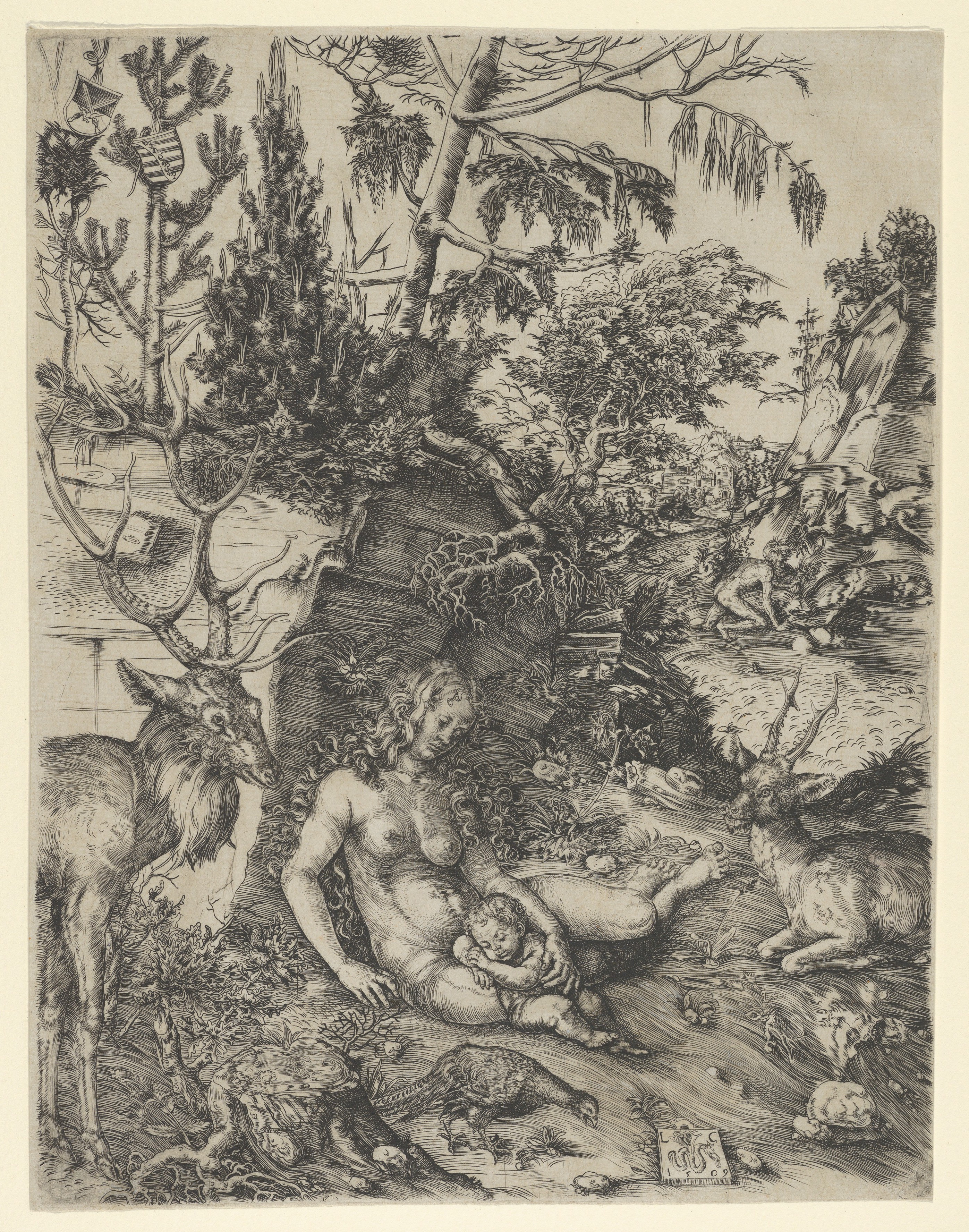 Madonna and Child in Forest Engraving