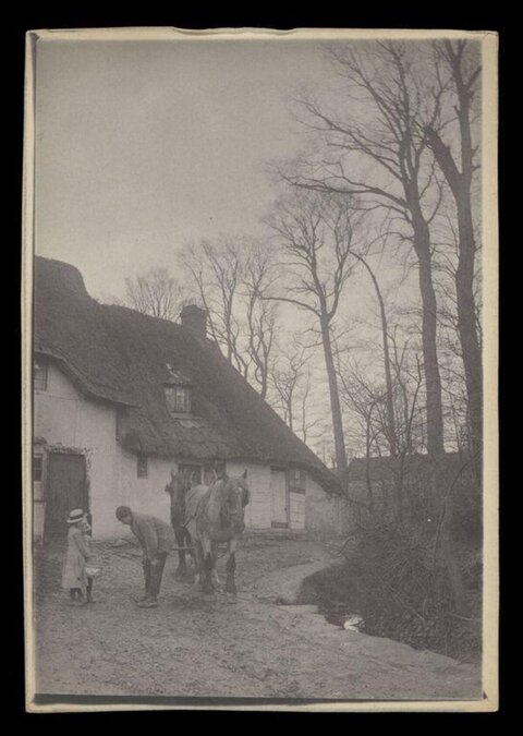 Vintage Rural Thatched Cottage Scene