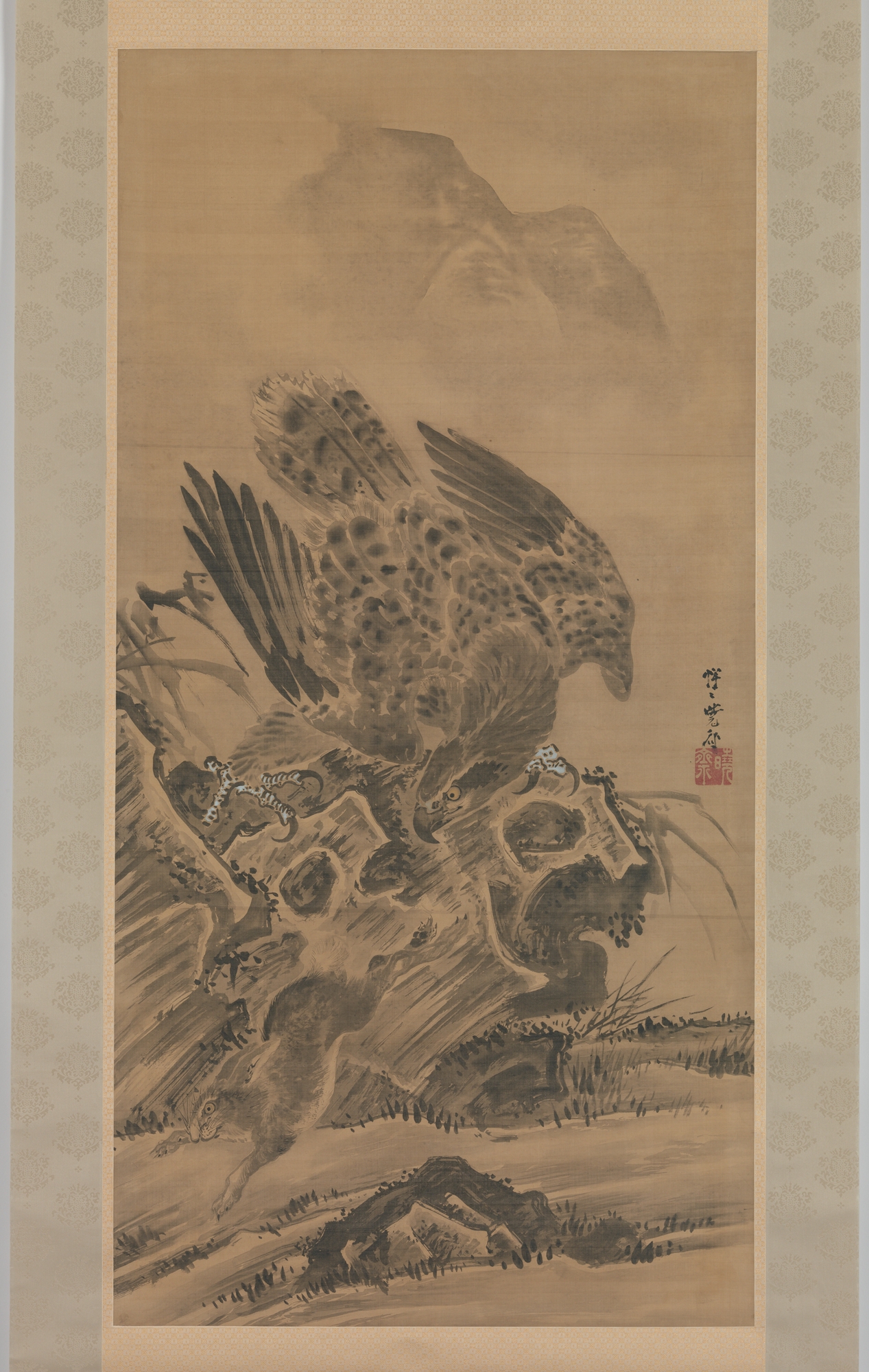 Ink Painting of Eagle Hunting Hare
