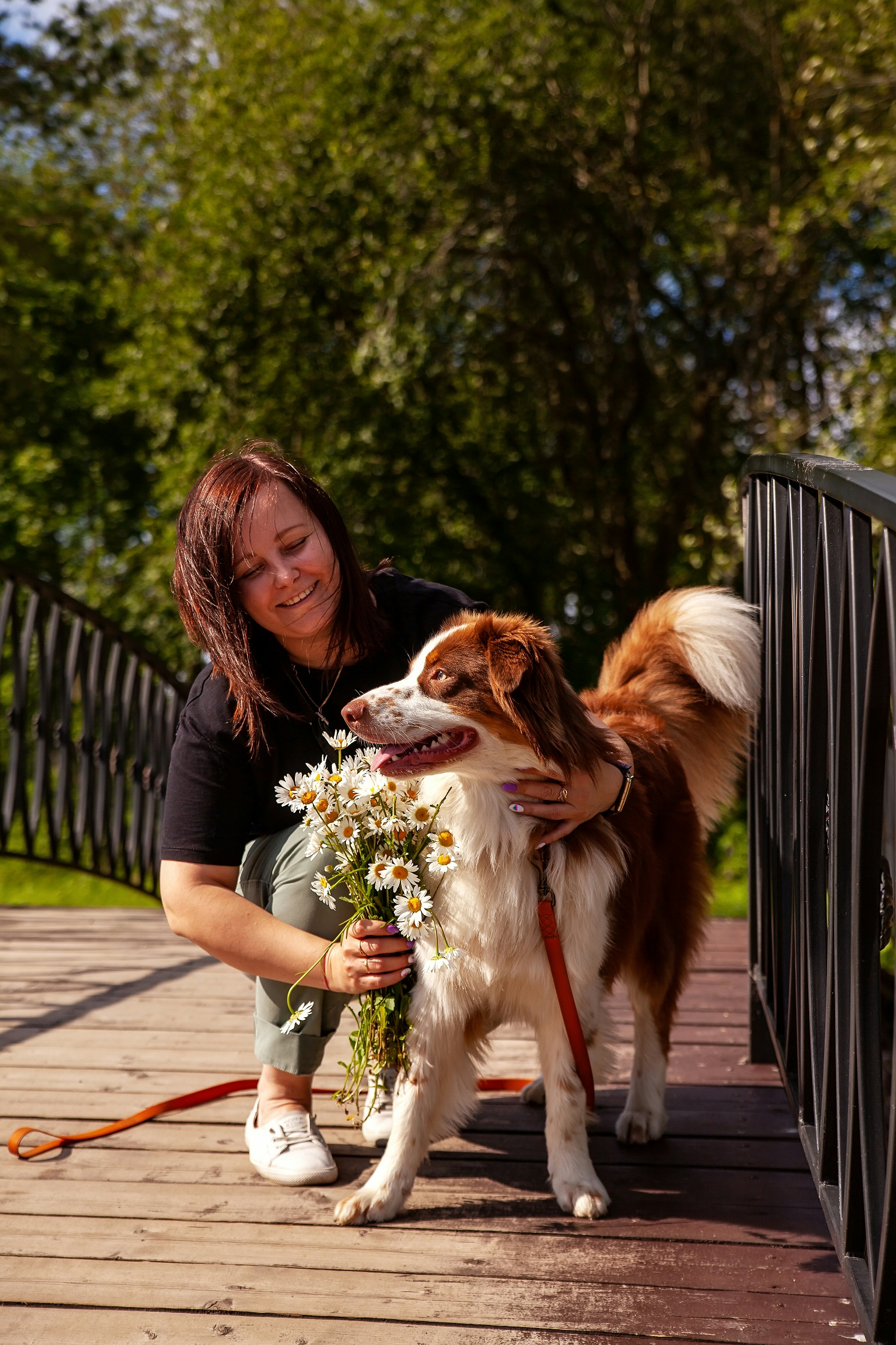 Woman With Dog And Daisies On Bridge