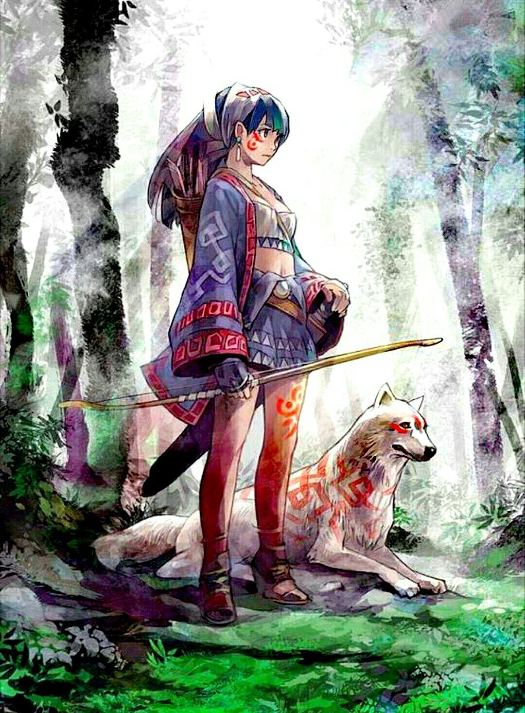Tribal Huntress and Wolf in Forest