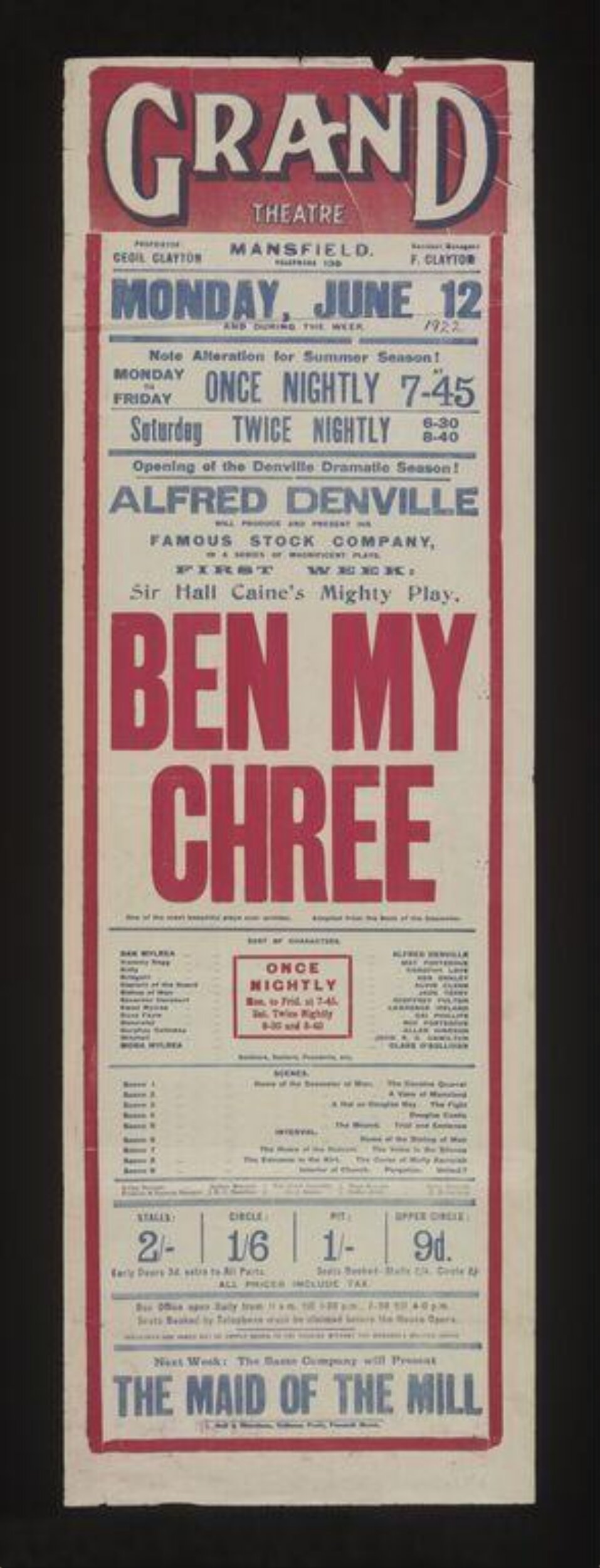 1922 Grand Theatre Ben My Chree Play Poster