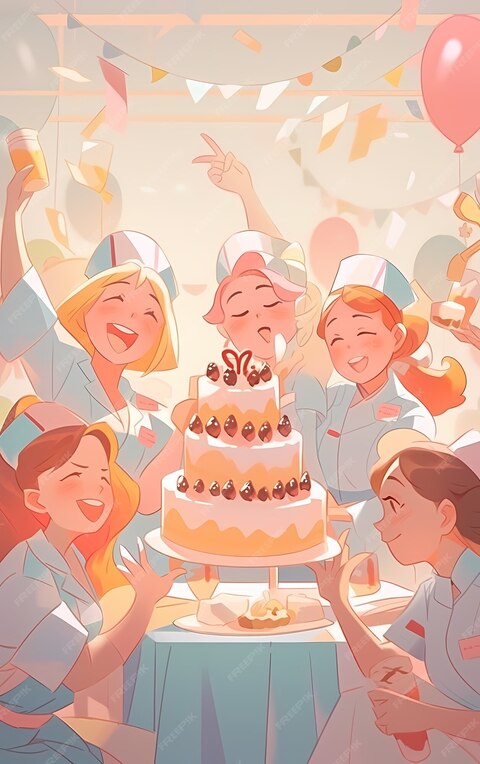 Nurses Celebrating With Party Cake