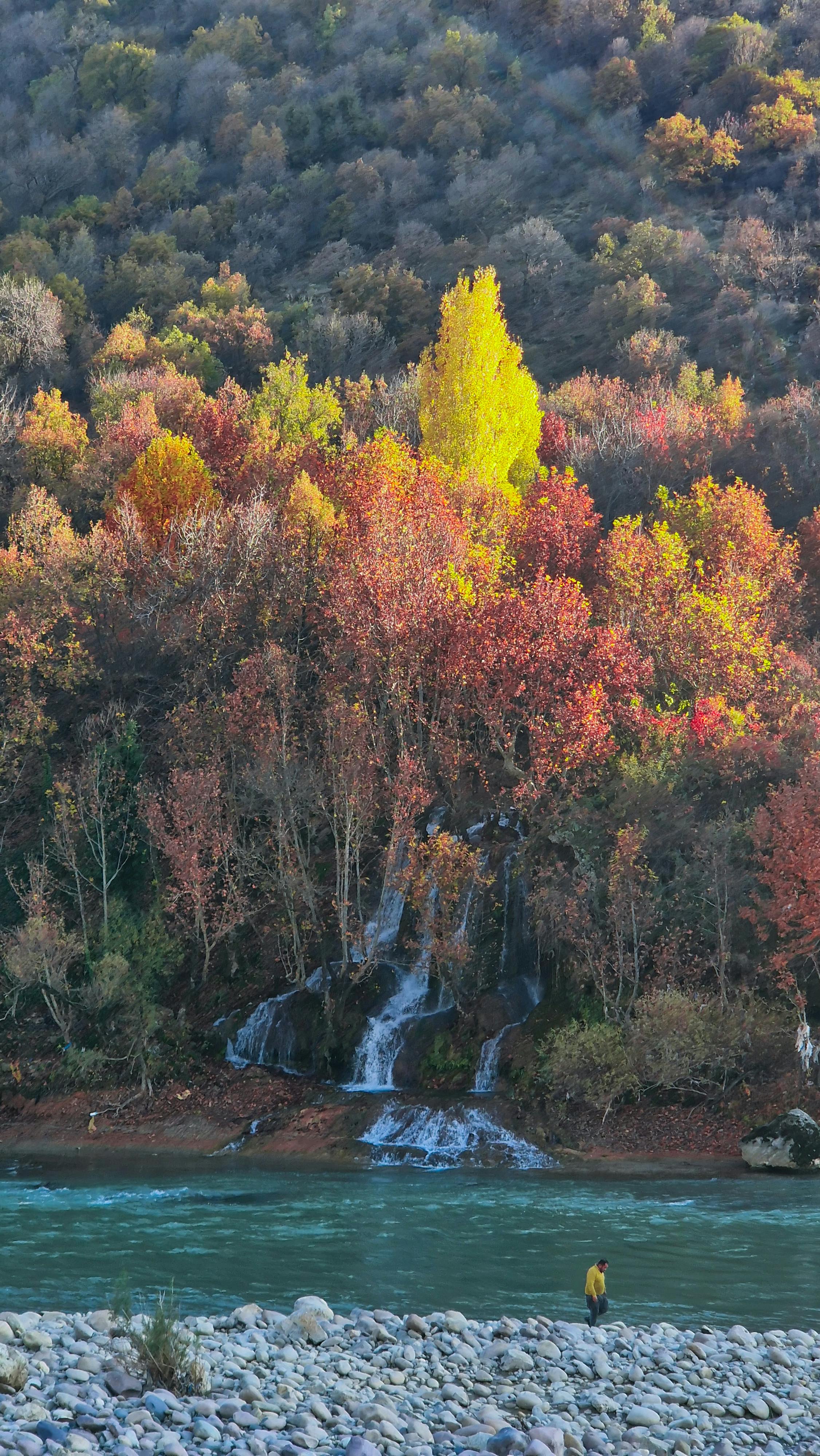 Autumn Waterfall Flowing into River