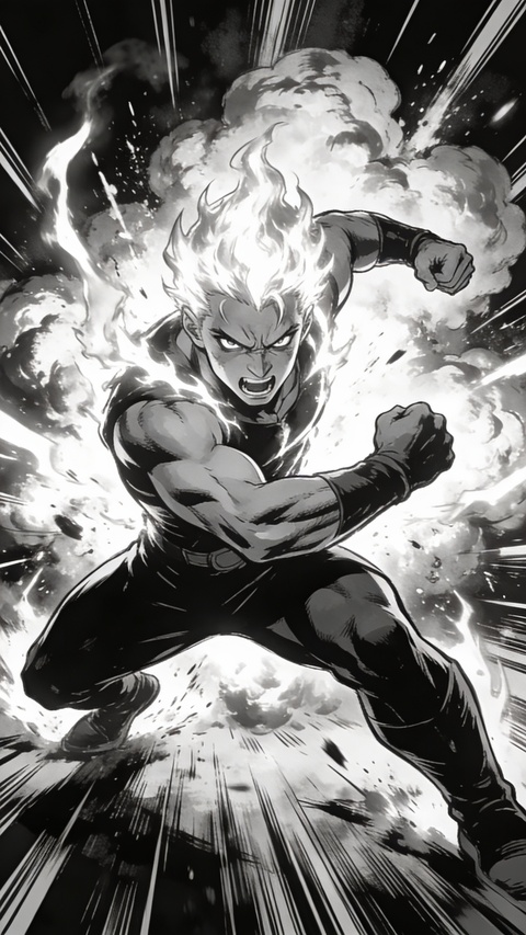 Charging Flaming Haired Manga Hero