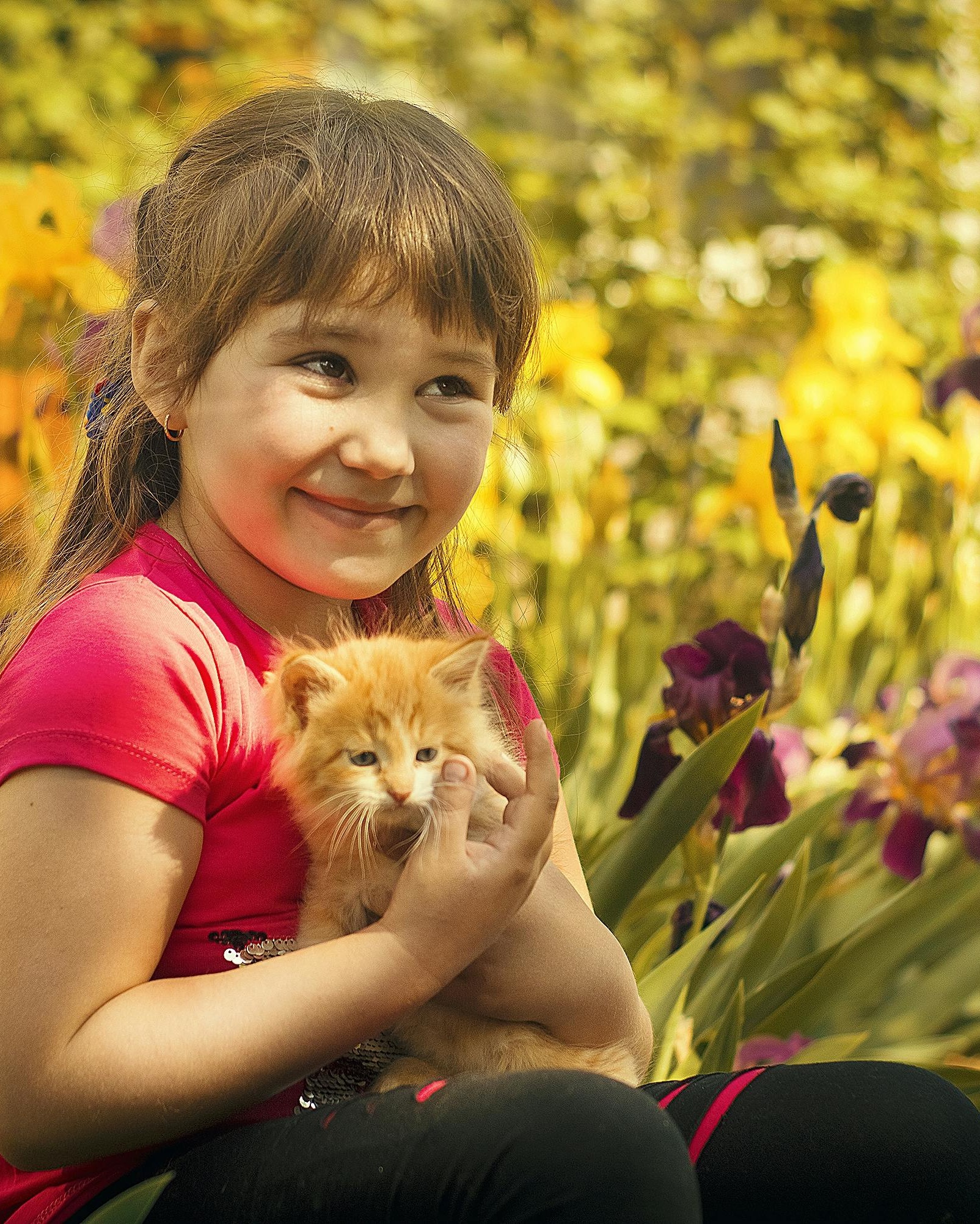 Girl Holding Ginger Kitten In Garden