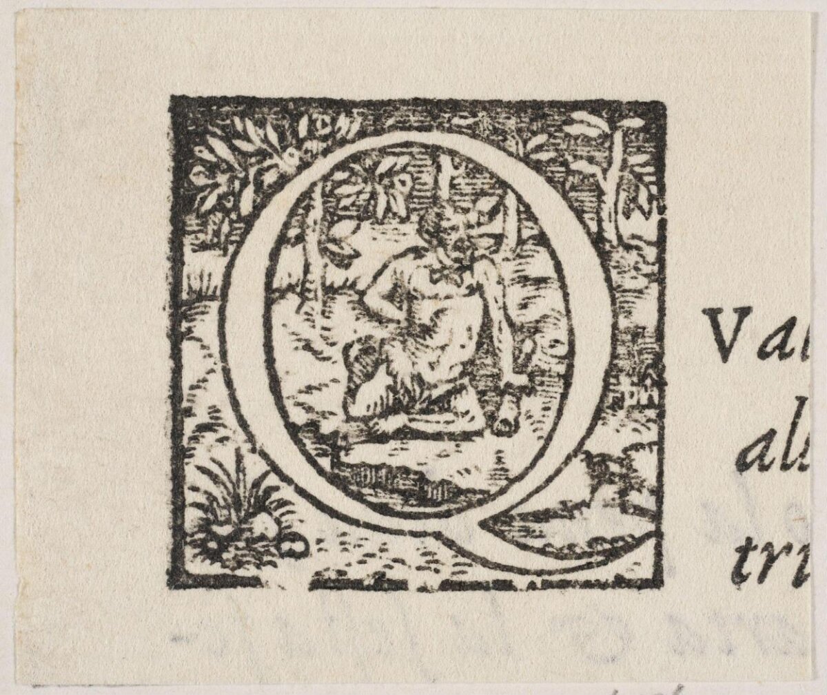 Decorated Initial Q Woodcut Print