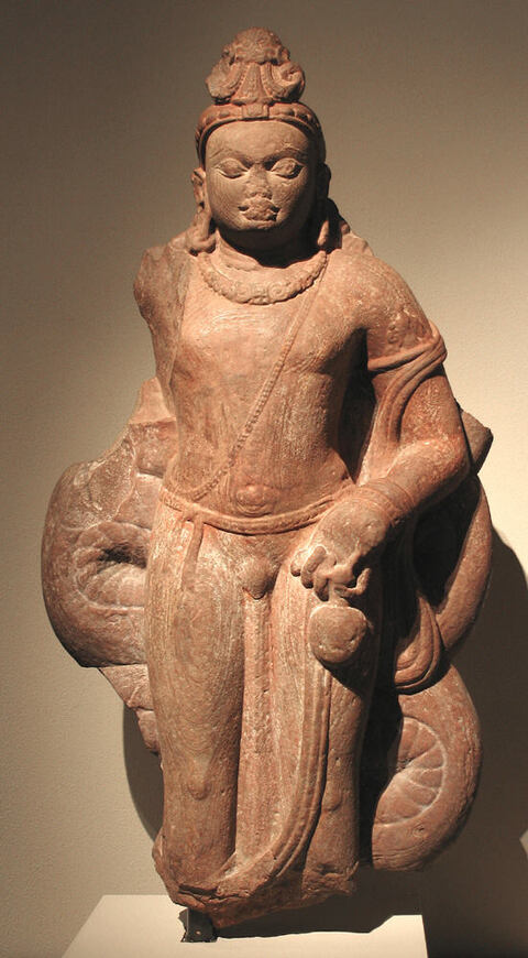 Ancient Red Stone Bodhisattva Statue