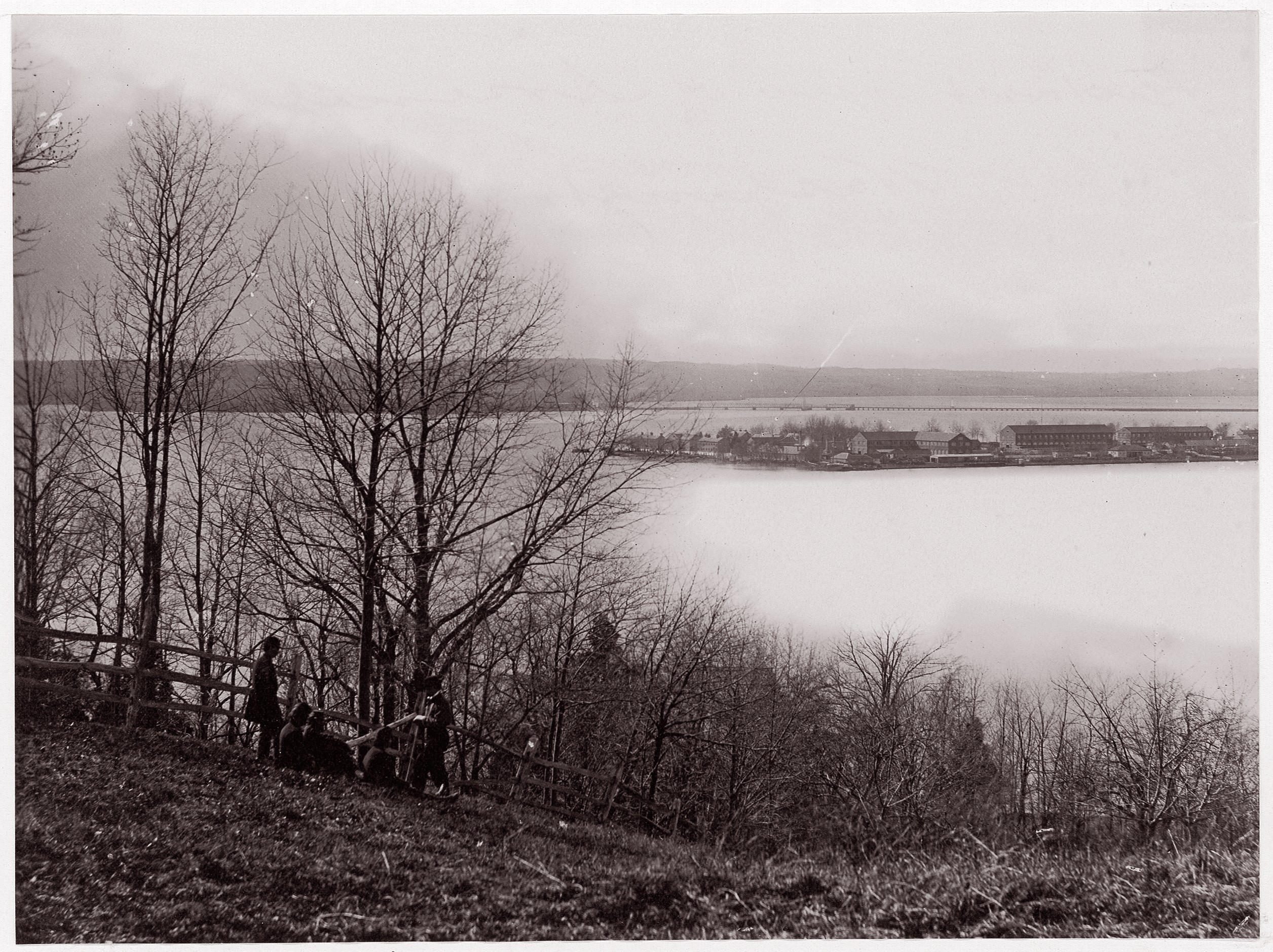 Vintage Hillside View of Lakeside Town