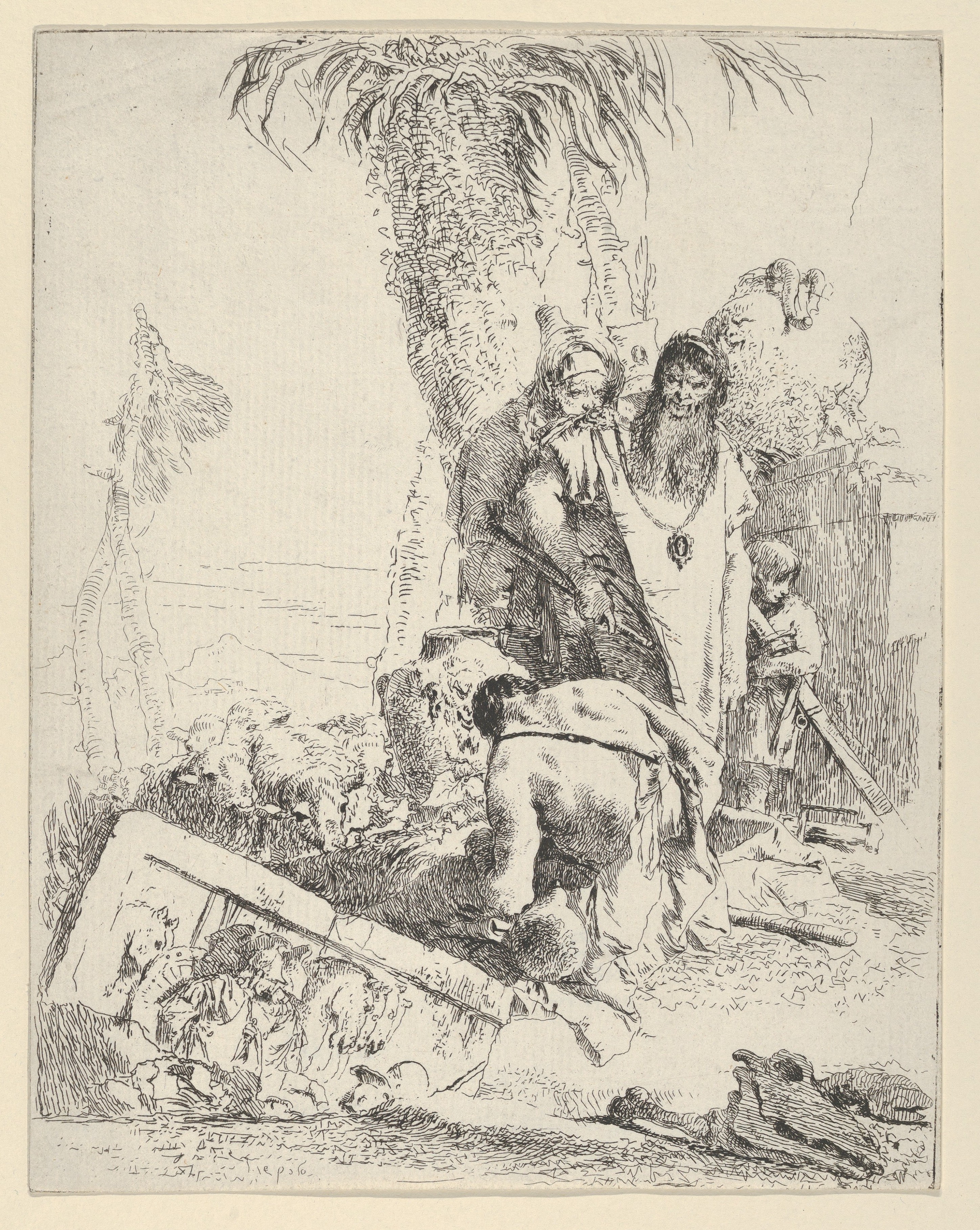 Etching of Travelers and Sheep Under Palm Trees