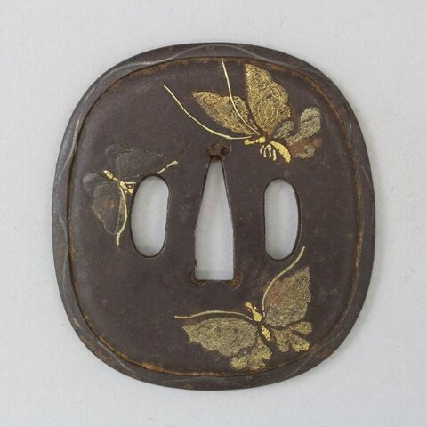 Iron Tsuba with Gold Butterfly Inlay