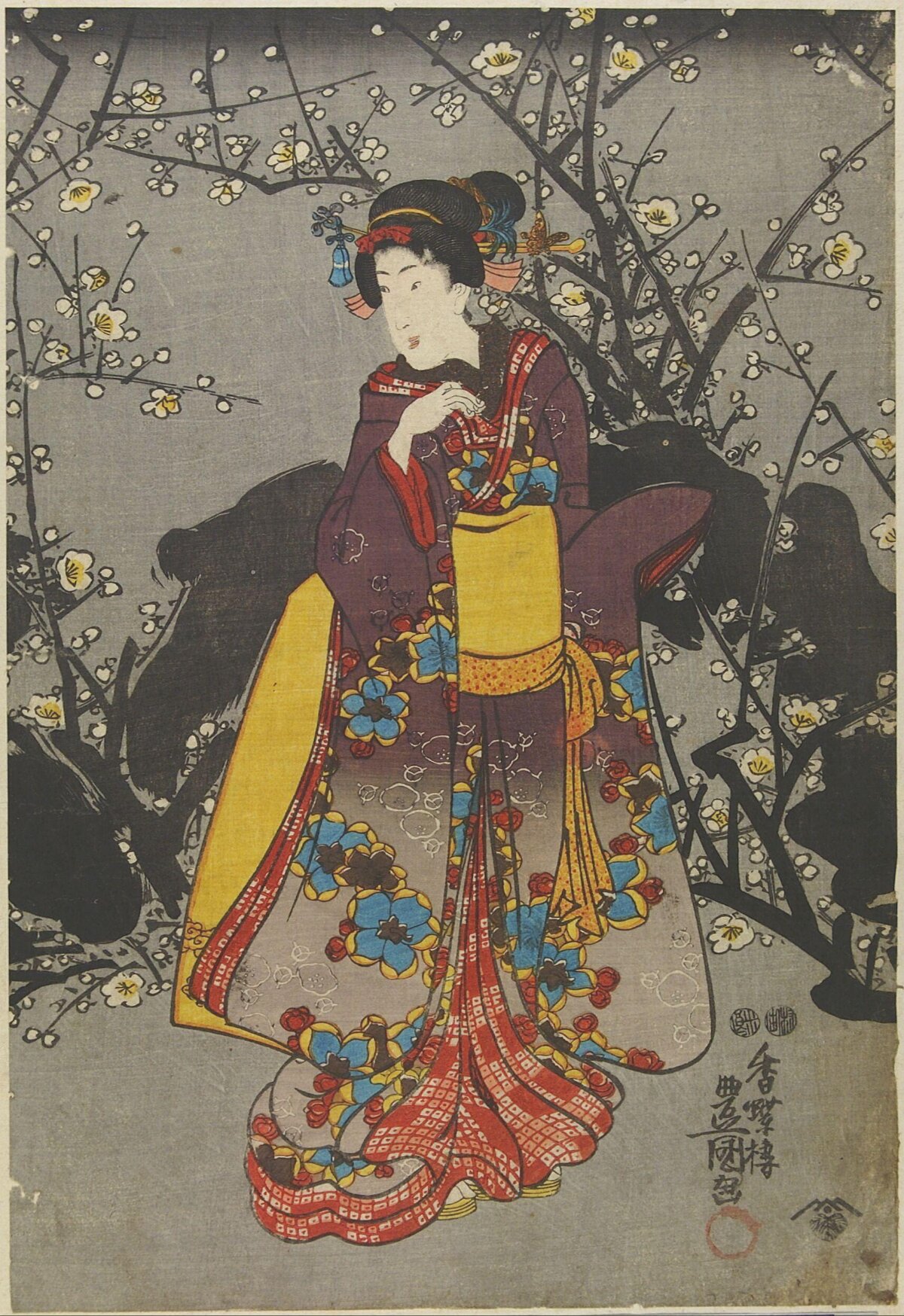Japanese Ukiyo-e Beauty Under Plum Blossoms