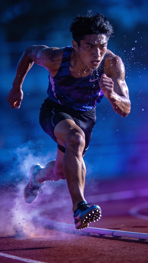 Male Sprinter Sprinting on Running Track