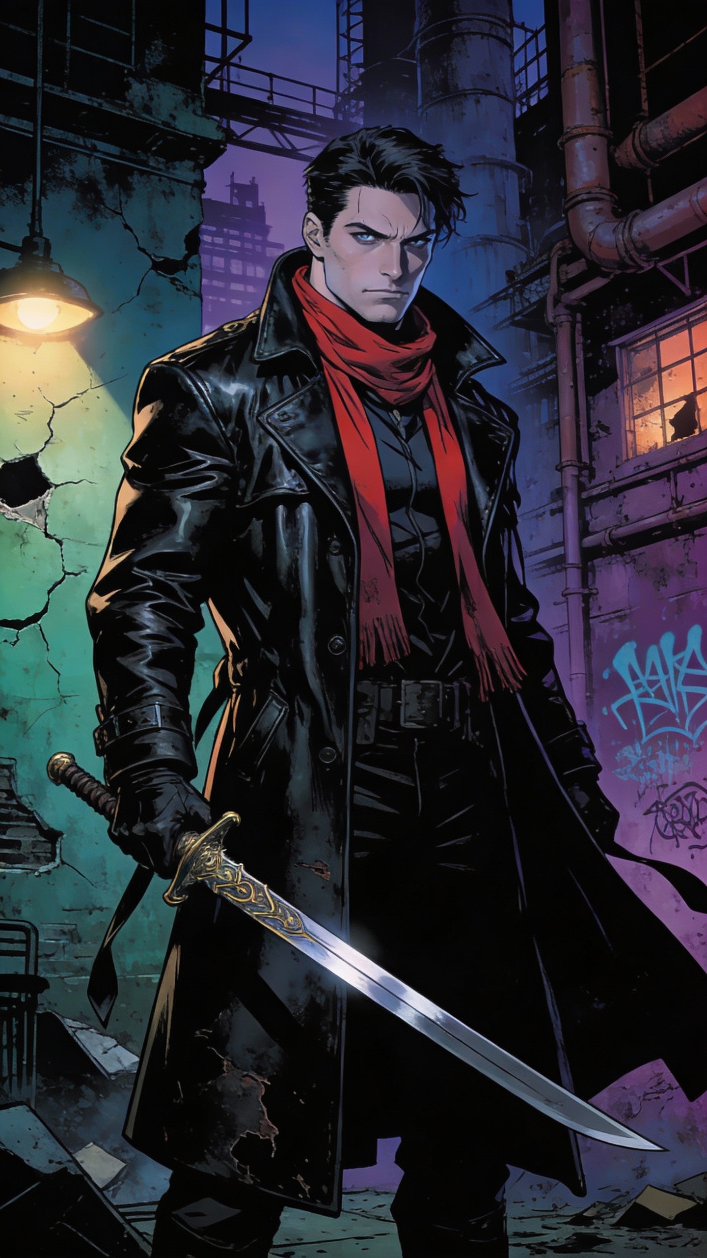 Comic Hero With Sword in Abandoned Alley