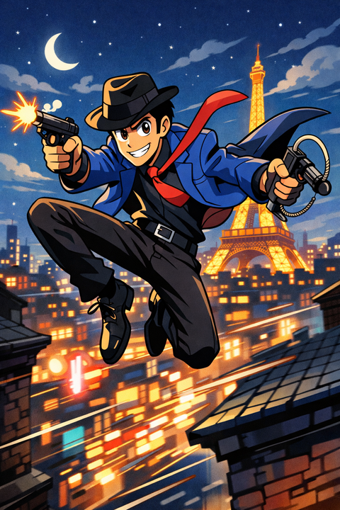 Armed Adventurer Leaping Over Paris Rooftops