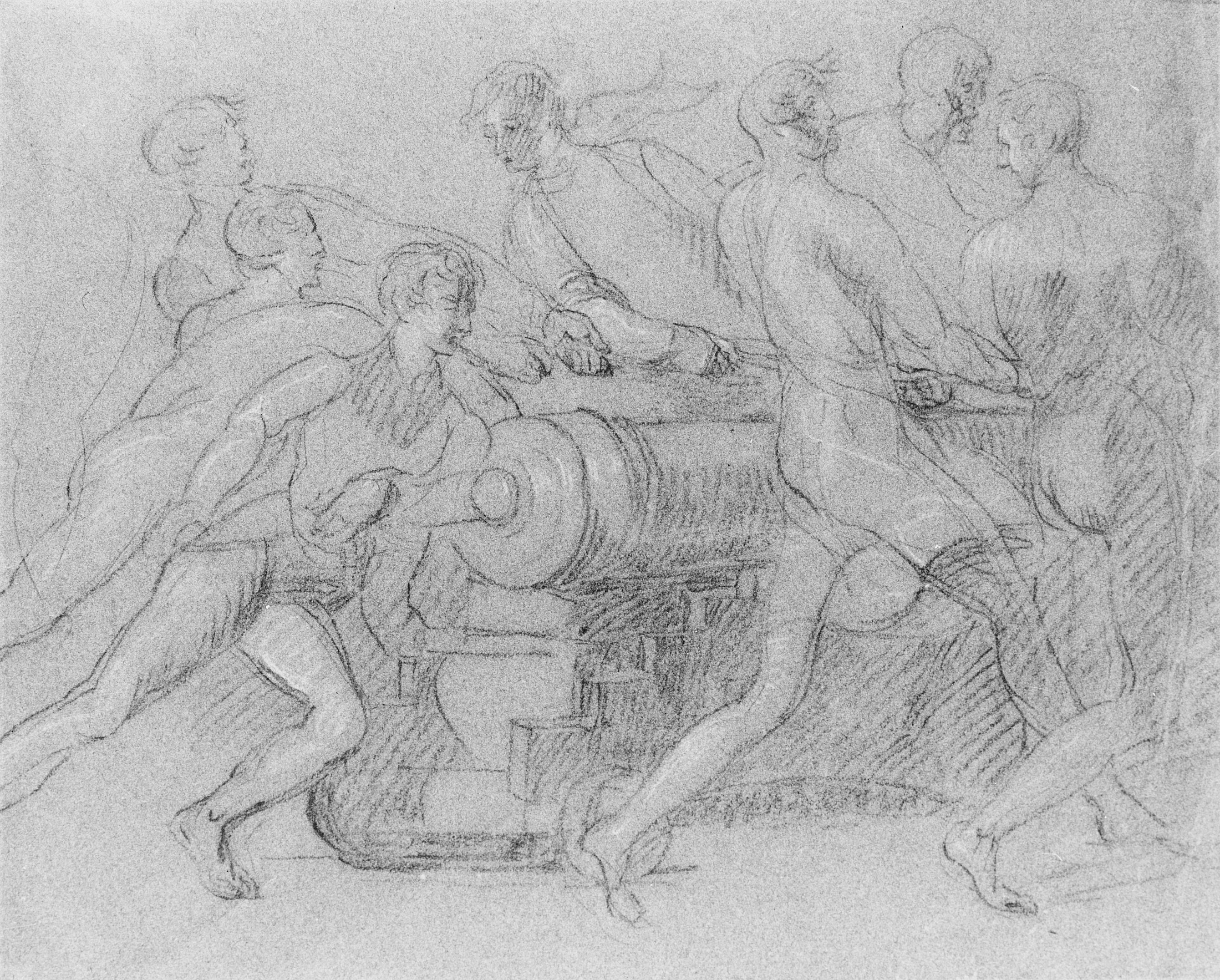Pencil Sketch of Men Pulling Cannon