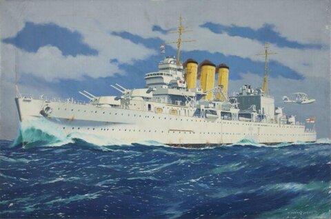 Royal Navy Cruiser Sailing at Sea