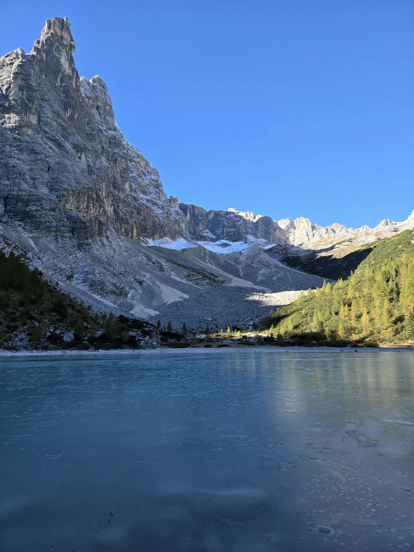 Frozen Alpine Lake Below Rocky Peaks