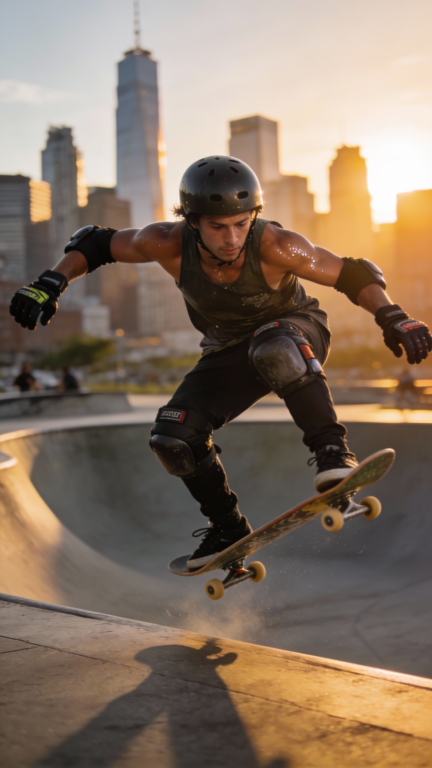 Skateboarder Mid-Trick at Urban Sunset Skatepark