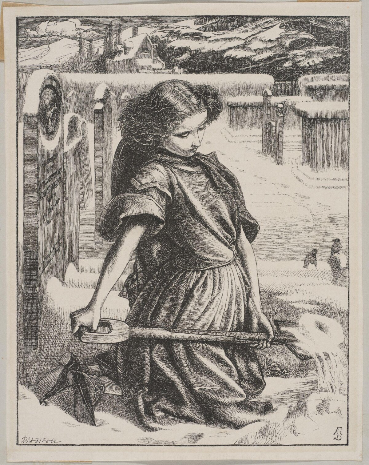 Girl Digging in Snowy Cemetery