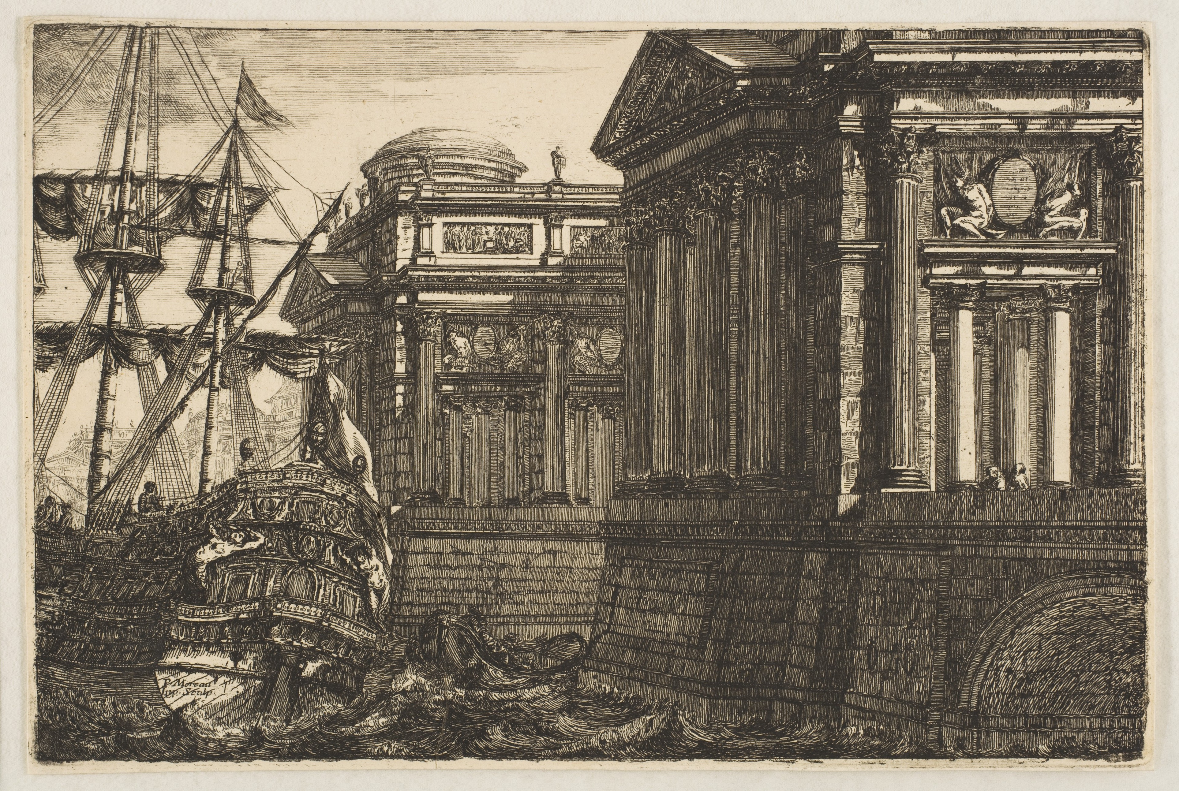 Etching of Galleon at Port with Classical Architecture