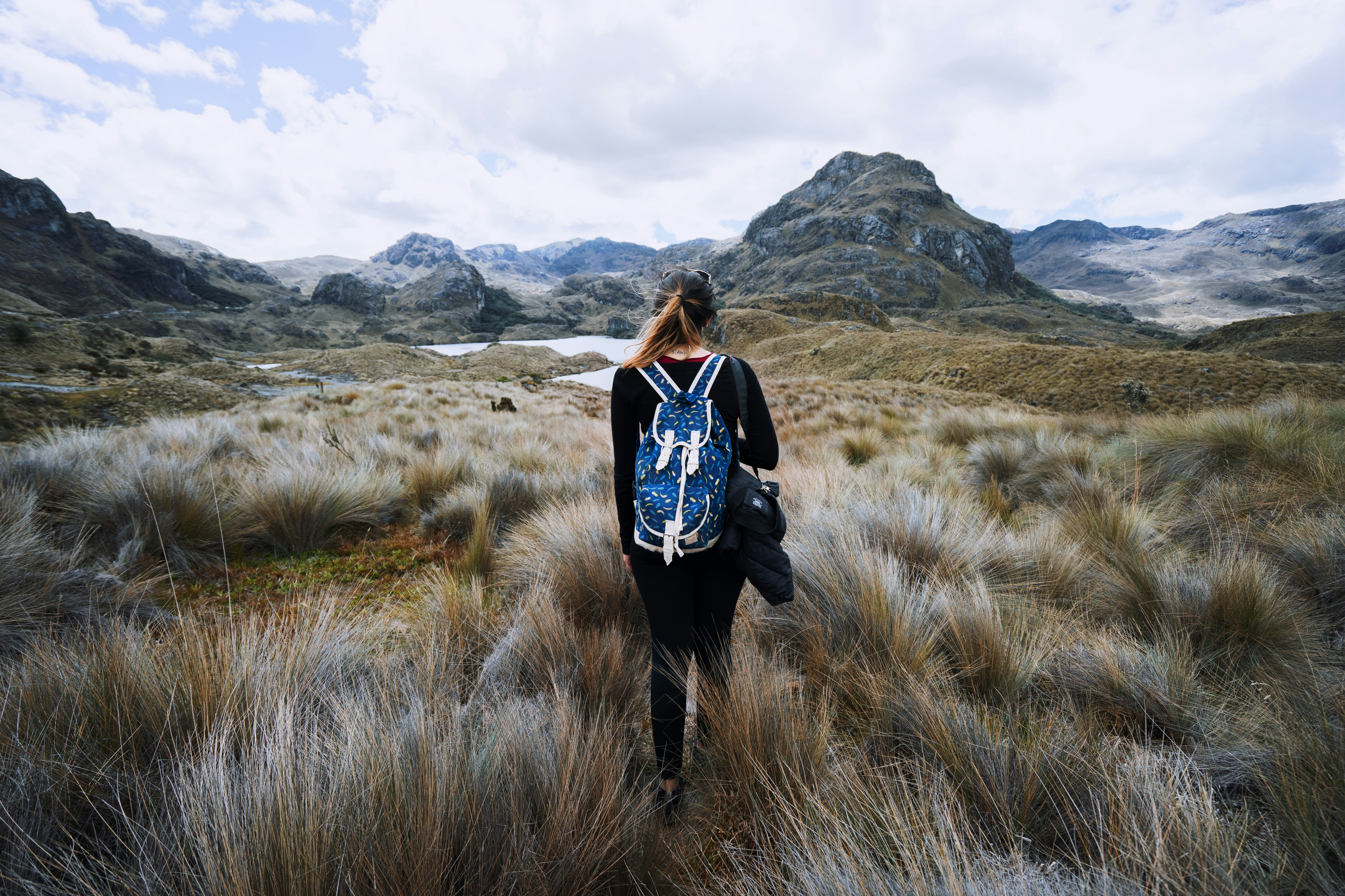 Hiker Trekking in Mountain Grassland
