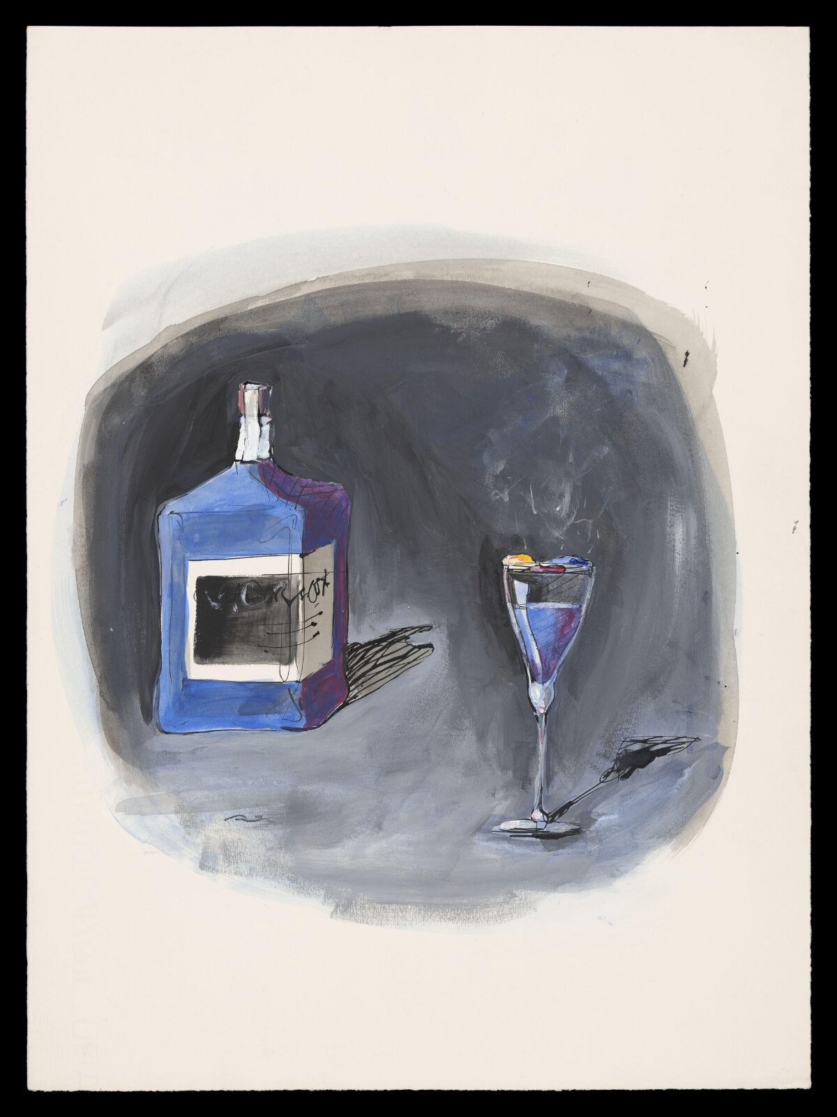 Still Life of Liquor Bottle and Wine Glass