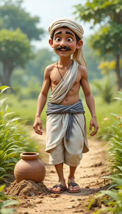 Cartoon Indian Villager on Rural Path