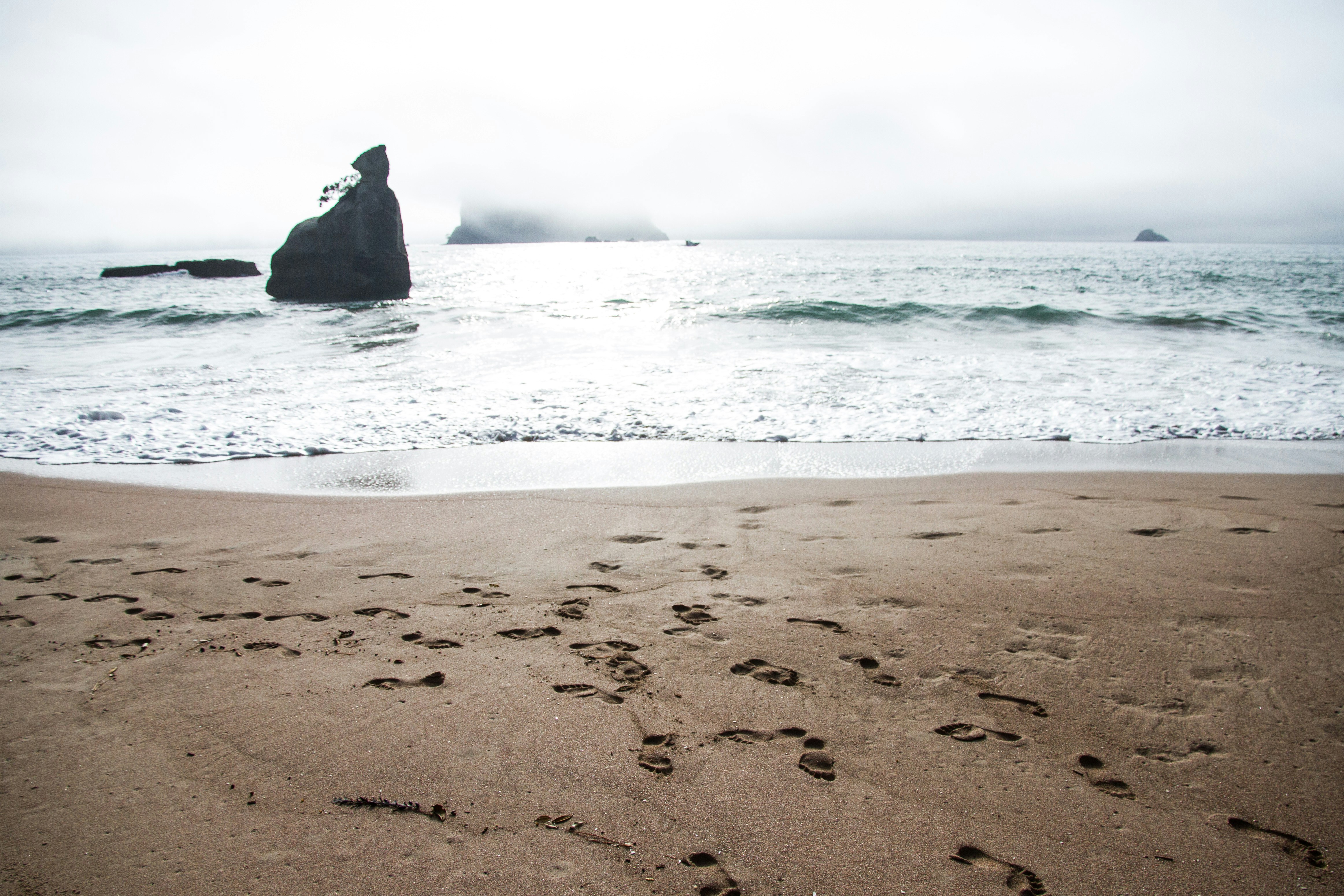 Footprints on Beach by Sea